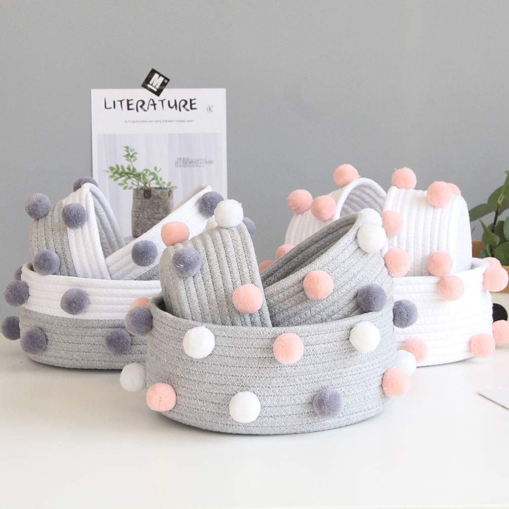 Cabilock 2-Piece Round Woven Pompom Basket Set - Small Fabric Storage Bins for Cosmetics, Clothes & Baby Items | Braided Plush Organizer for Closet, Nursery & Home Decor