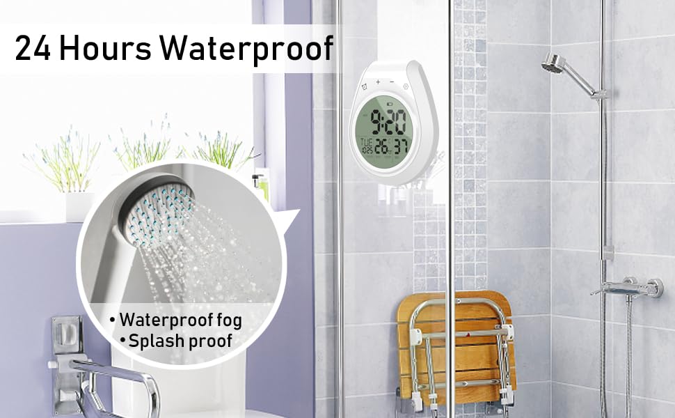 Waterproof Digital Shower Clock with Temperature Display - Large LCD Screen, Touch Buttons, Suction Cup & Adhesive Hanger - Perfect for Bathroom, Kitchen & Gym - Countdown Timer & Easy Setting - White