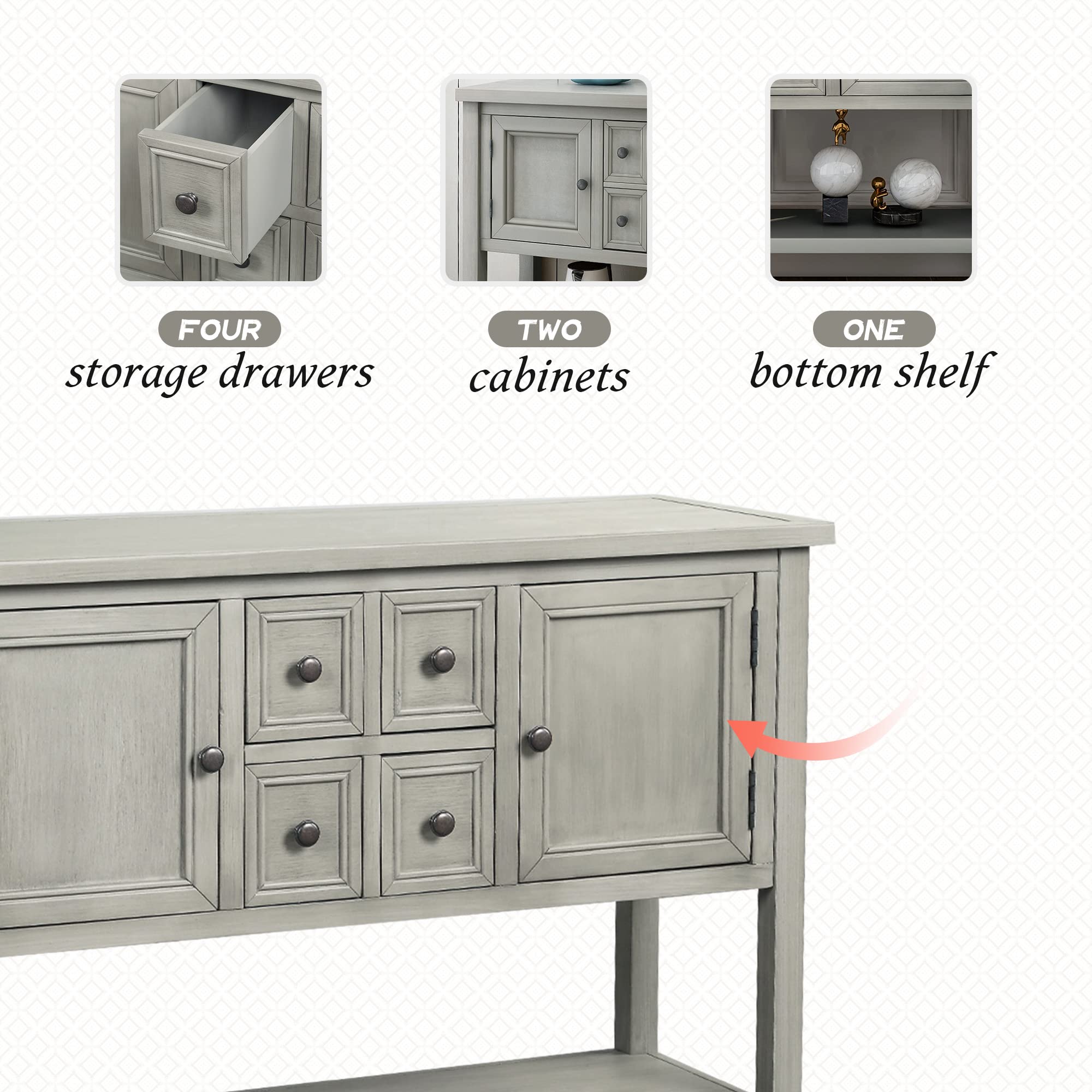 Modern Solid Wood Console Table with 6 Drawers - Retro Buffet Cabinet for Dining & Living Room
