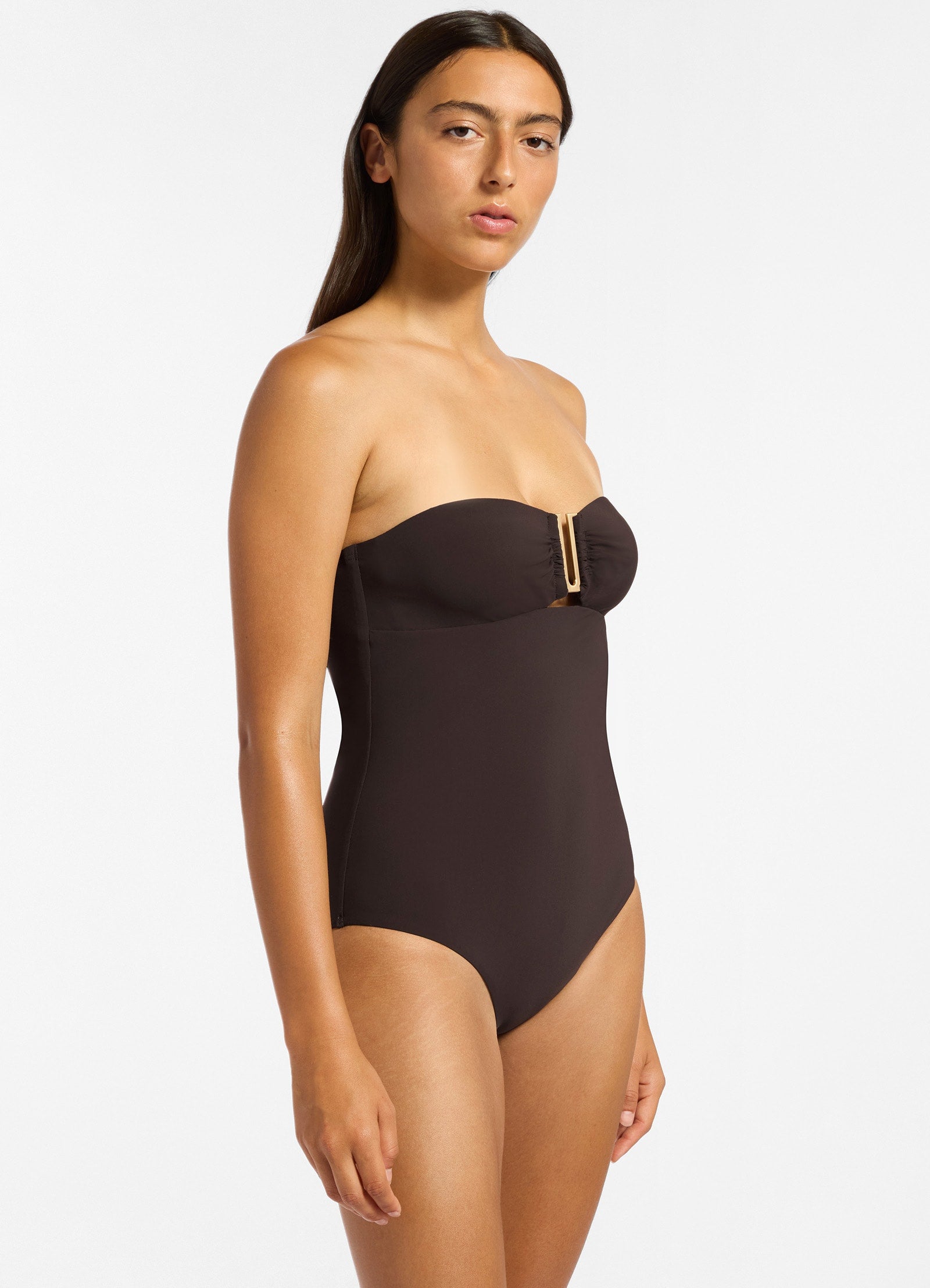 Jetset Bandeau One Piece Swimsuit in Chocolate Brown - Perfect for Beach Vacations & Pool Parties