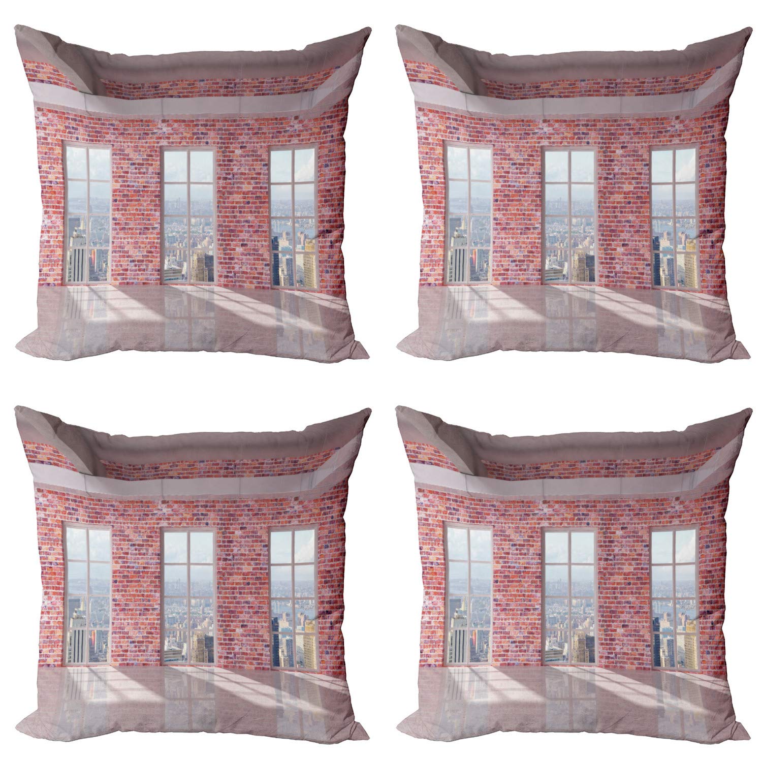 Ambesonne Modern Throw Pillow Covers Set of 4 - Red Brick Wall Loft Design with City Windows, Urban Contemporary Print, Double-Sided Digital Printing, 20 Inch Multicolor Decorative Pillow Cases - Perfect for Living Room Sofa, Bedroom Decor, and Home Accent