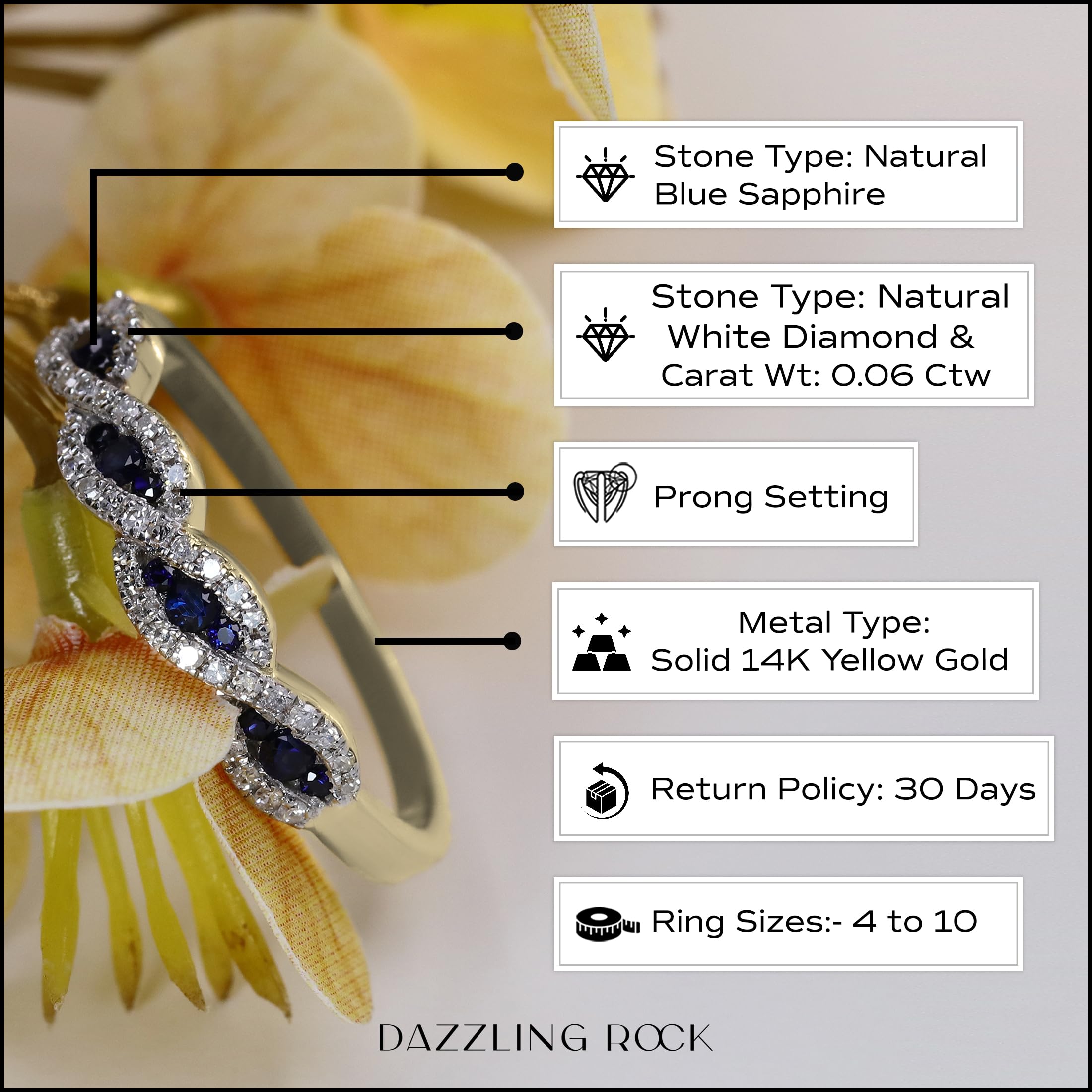 Exquisite Round Blue Sapphire & White Diamond Swirl Stackable Ring for Women - 14K Solid Gold Anniversary Band, Wedding Gift, Valentine's Day Jewelry | Perfect for Stacking, Everyday Wear & Special Occasions