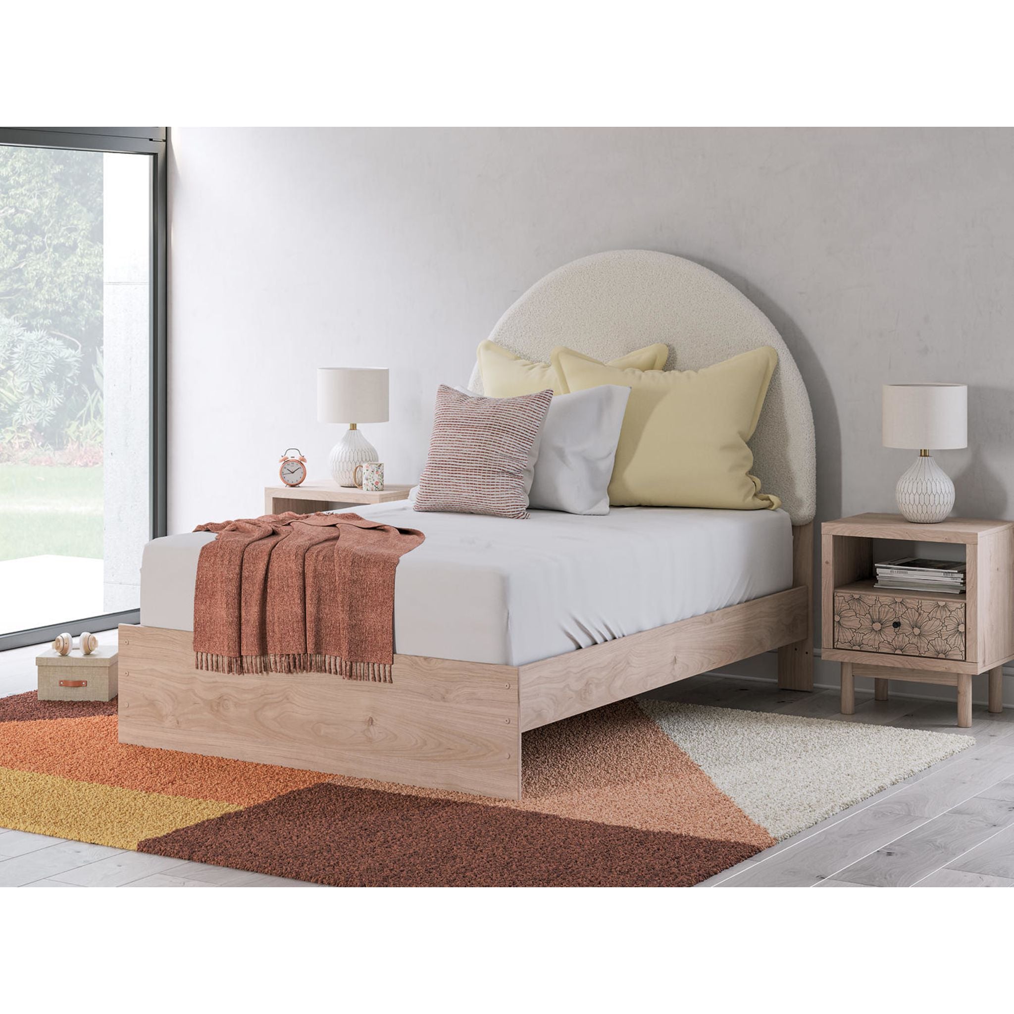 Arloster Modern Platform Bed Frame - Queen Size, Tan & White Wooden Slat Support - Perfect for Bedroom, Guest Room, or Studio Apartment