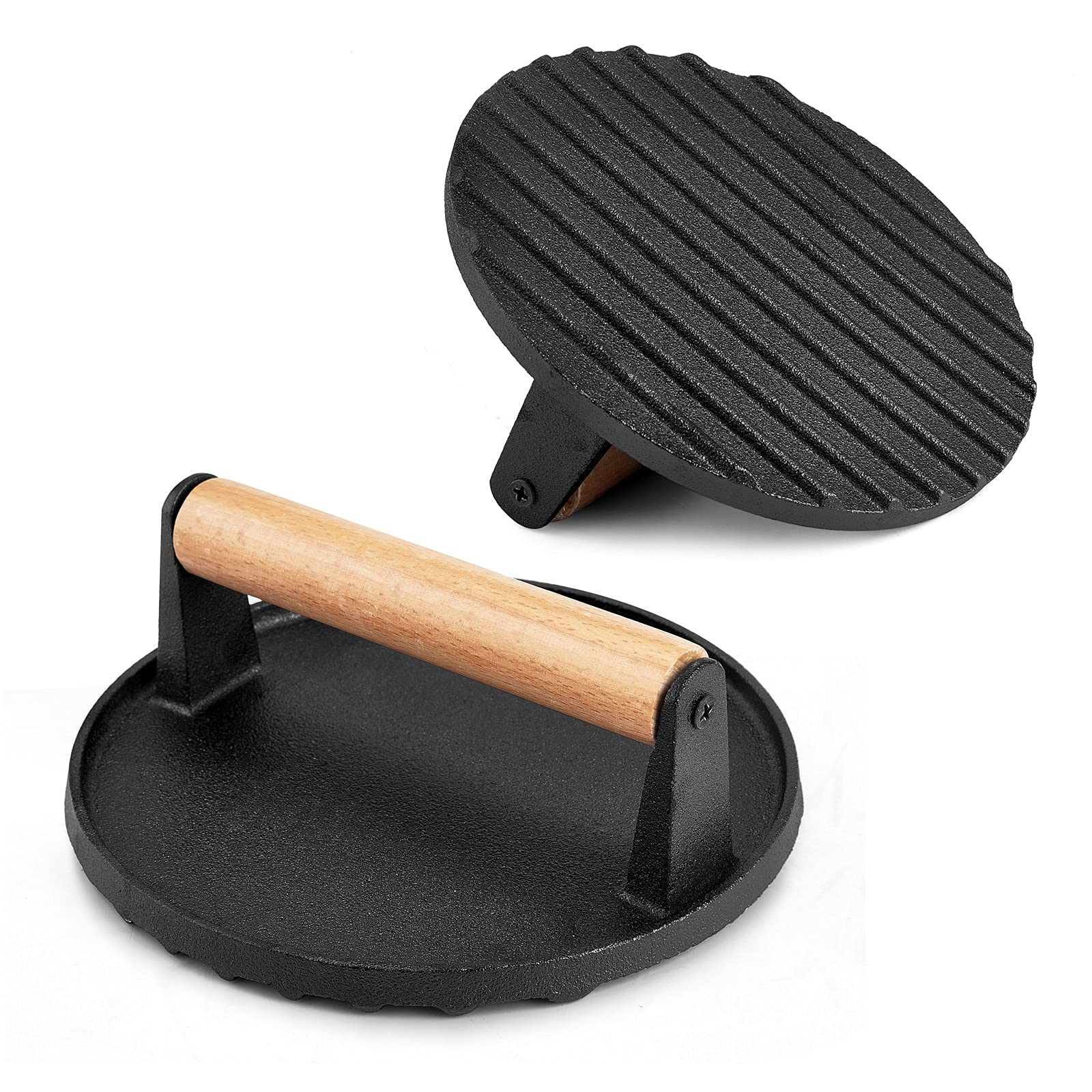 Premium HaSteeL Cast Iron Grill Press - Heavy Duty 7 Inch Bacon & Burger Press with Ergonomic Wooden Handle | Pre-Seasoned Steak Weight for Flat Top Griddle, Teppanyaki, BBQ | Perfect for Indoor & Outdoor Cooking, Camping, Backyard Parties (2-Piece Set)