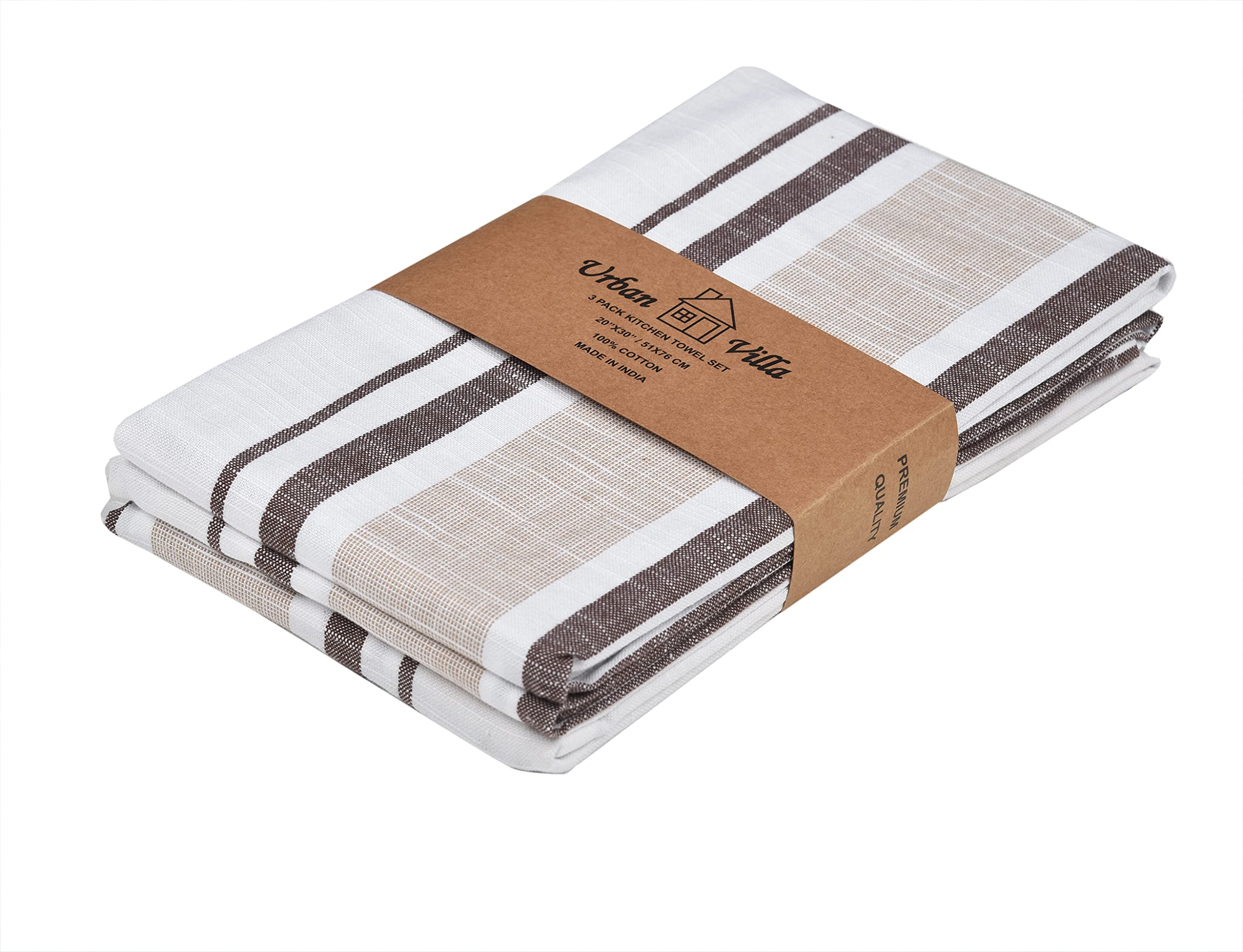 Premium 100% Cotton Kitchen Towels Set of 3 - Ultra Soft & Highly Absorbent Slub Weave Dish Towels (20x30 Inches) with Mitered Corners for Bar, Tea & Kitchen Use - Beige/Brown Stripes for Modern Home Decor