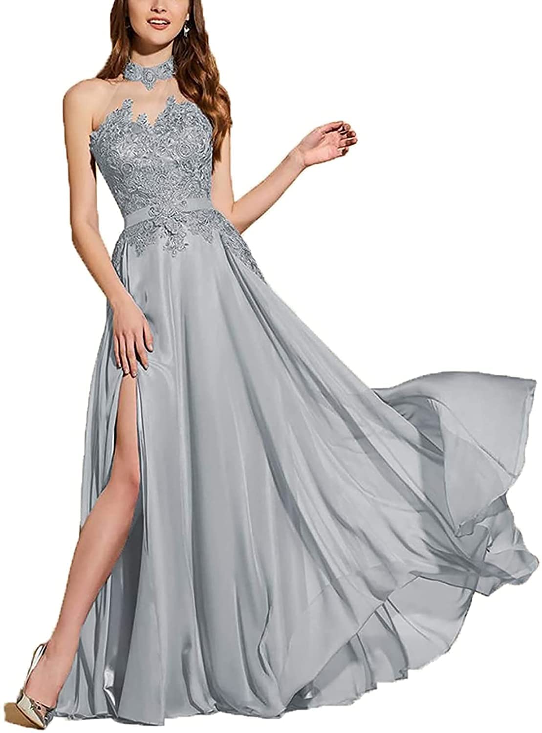 Elegant Women's Halter Lace Applique Long Chiffon Evening Gowns 2022 - Formal Party Dresses with High Slit for Prom, Wedding, and Special Occasions