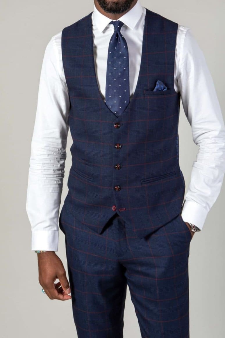 Marc Darcy Edinson Navy Check Single Breasted Waistcoat for Men - Formal Vest for Weddings, Business & Office Wear