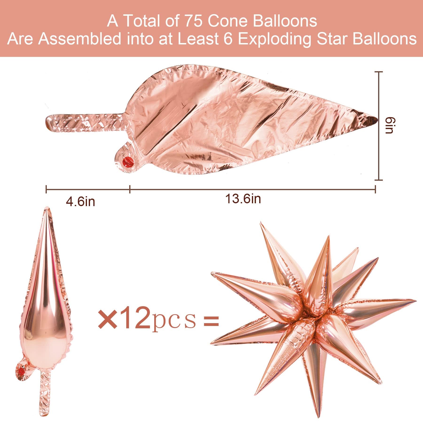 72 Pcs Rose Gold & Silver Starburst Foil Balloons for Party Decorations - Christmas, Birthday, Wedding, Baby Shower & Photo Booth Backdrops (Glitter Mylar Balloons, 12 Point Cone Design)