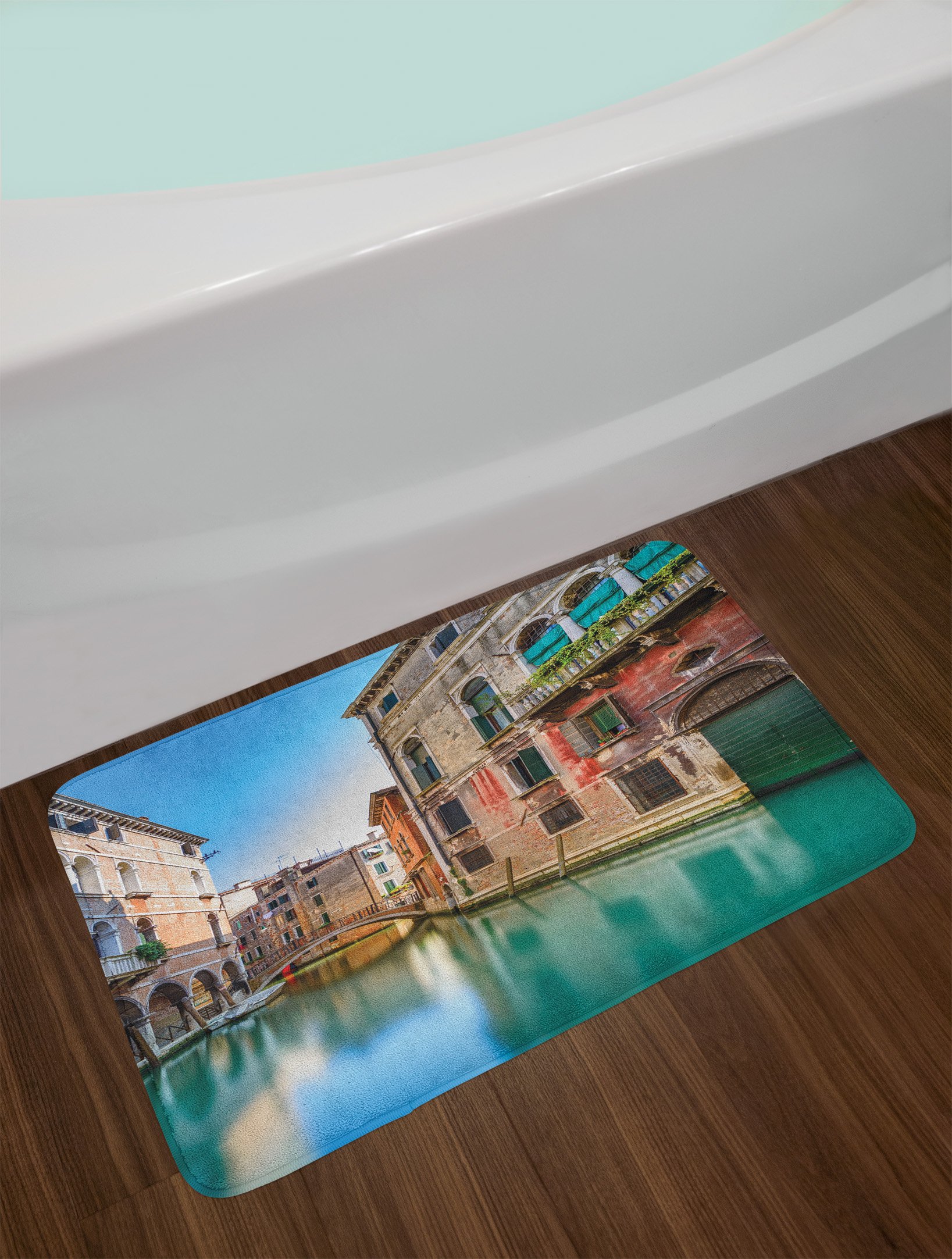 Ambesonne Venice Plush Bath Mat - Non-Slip Traditional Italian Canal Cityscape Design, 30