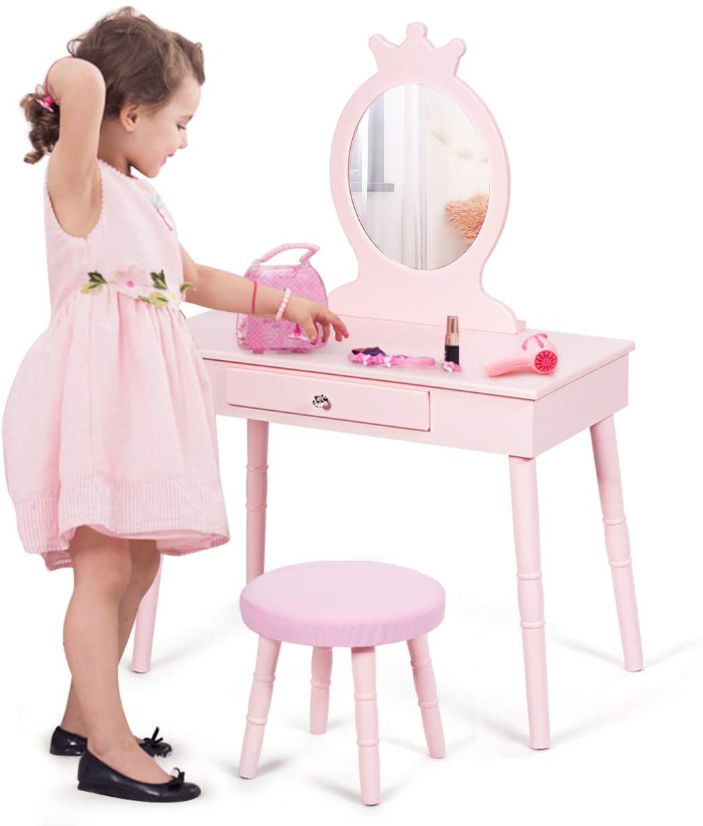 Firflowery Princess Vanity Set for Girls Ages 3+ - Pink & White Kids Dressing Table with Mirror, Detachable Top & Matching Stool - Perfect for Pretend Play, Birthday Gifts & Bedroom Decor