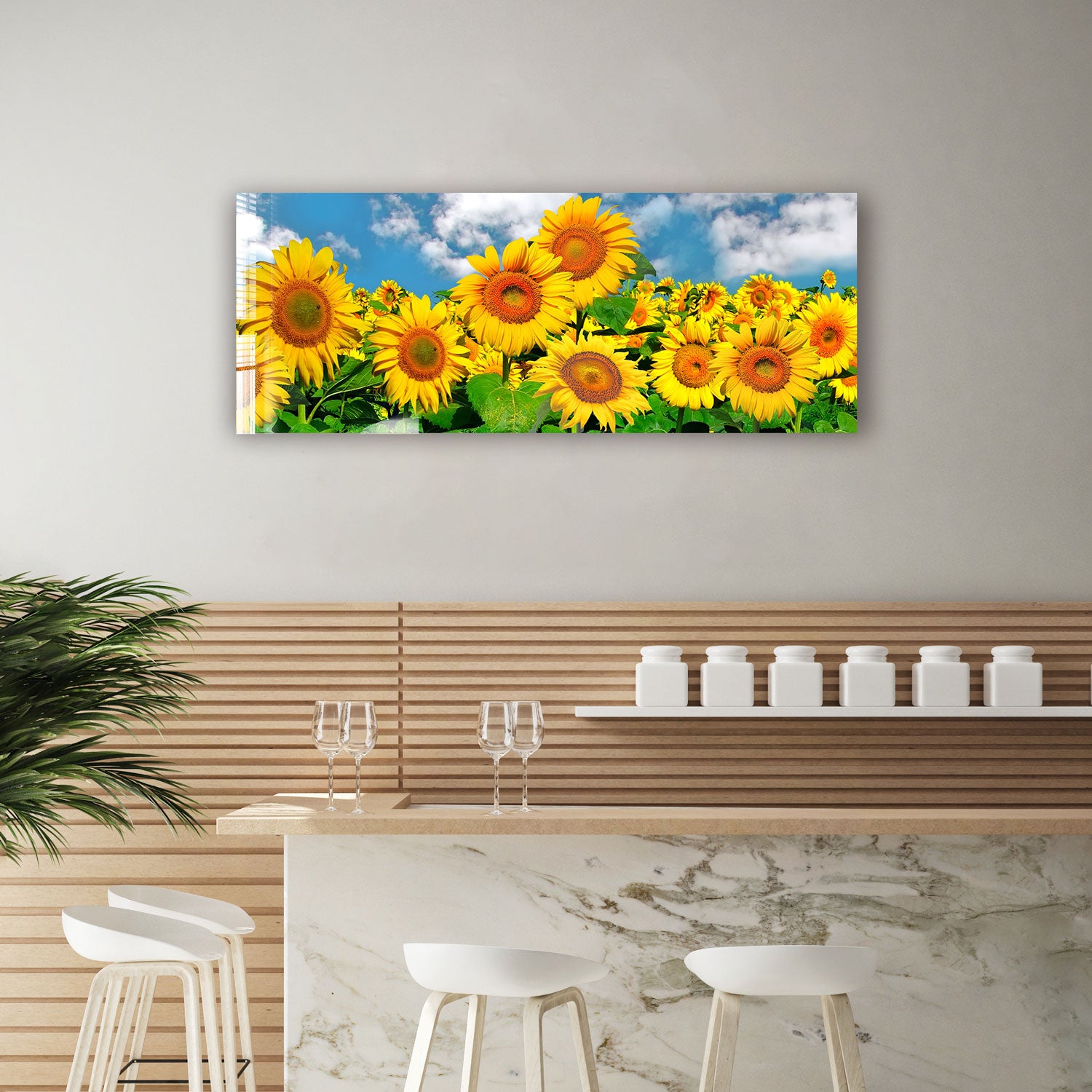 Happy Sunflowers Panoramic Wall Art - Vibrant Floral Decor for Living Room, Bedroom & Office - Perfect for Home & Office Decor