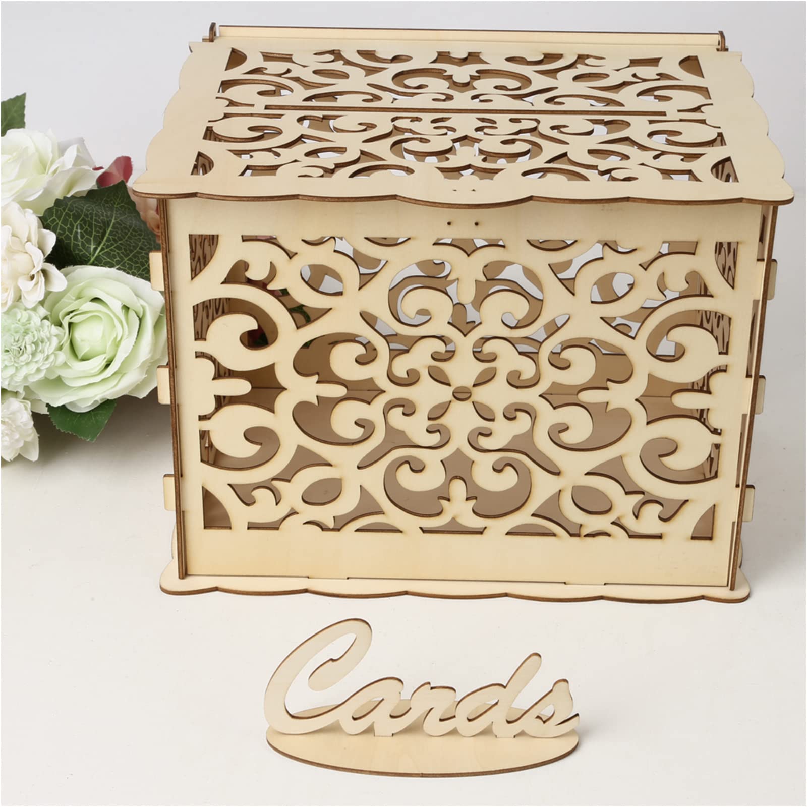 We Moment Wooden Wedding Card Box with Lock & Key - Elegant Carved Pattern Gift Card Holder for Weddings, Baby Showers, Birthdays - Perfect for Guest Card Collection at Special Events