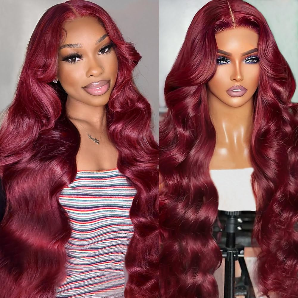 Allove 99j Burgundy 28inch Human Hair Lace Front Wig - 180% Density Body Wave with Pre-Plucked Hairline & Baby Hair, 13x4 Glueless HD Transparent Frontal for Women | Perfect for Cosplay, Daily Wear & Special Occasions