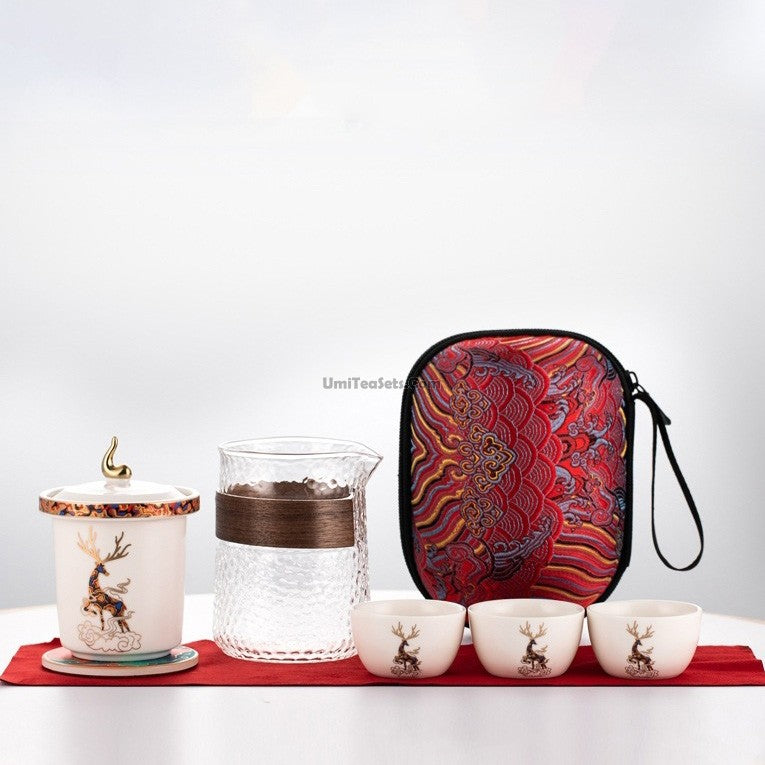 Elegant Glass and Porcelain Deer Travel Tea Set - Portable Tea Cup with Lid for Camping, Picnics & Gifts - Perfect for Outdoor Adventures and Tea Lovers