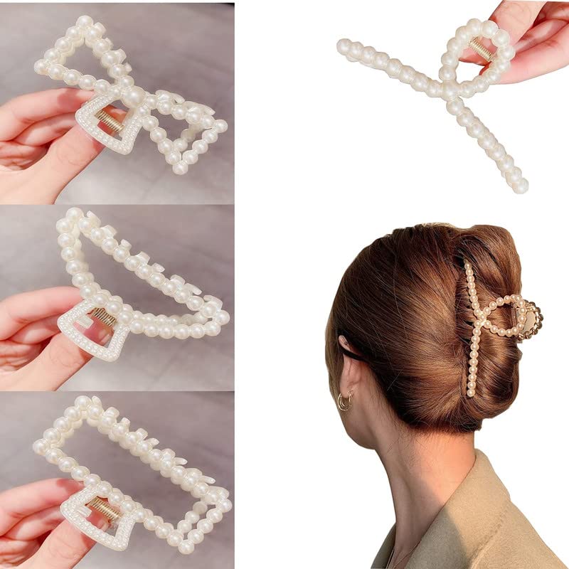 Vintage Pearl Hair Claw Clips for Women - 4 Pack White Pearl Jaw Clips for Thick & Long Hair | Elegant Hair Accessories for Women & Girls | Perfect for Weddings, Parties & Everyday Styling