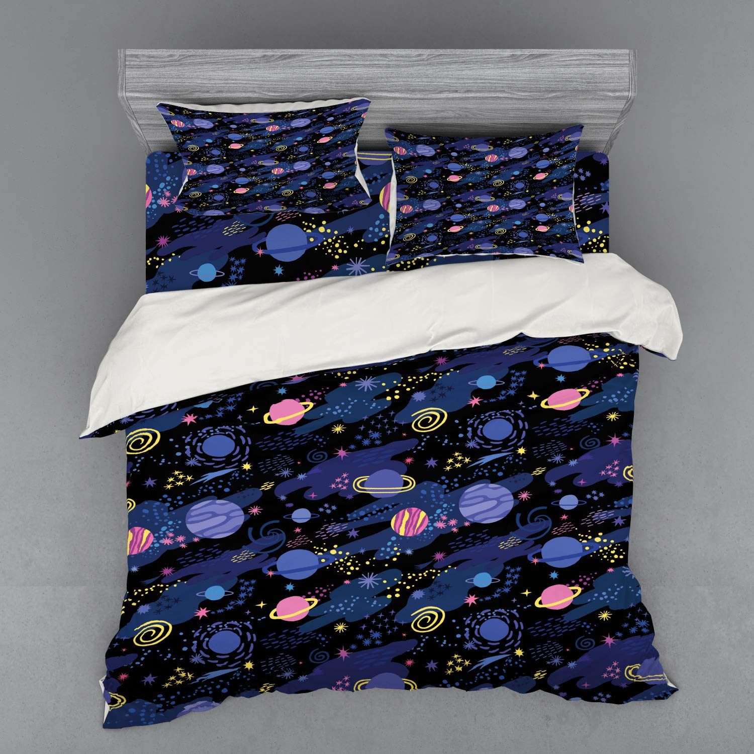 Ambesonne Galaxy Duvet Cover Set - King Size 4-Piece Bedding Set with Pillow Shams & Fitted Sheet, Outer Space Planets Cosmic Milky Way Zodiac Moon Design in Dark Blue & Pink - Perfect for Astronomy Lovers, Kids' Room Decor, or Unique Gift Idea