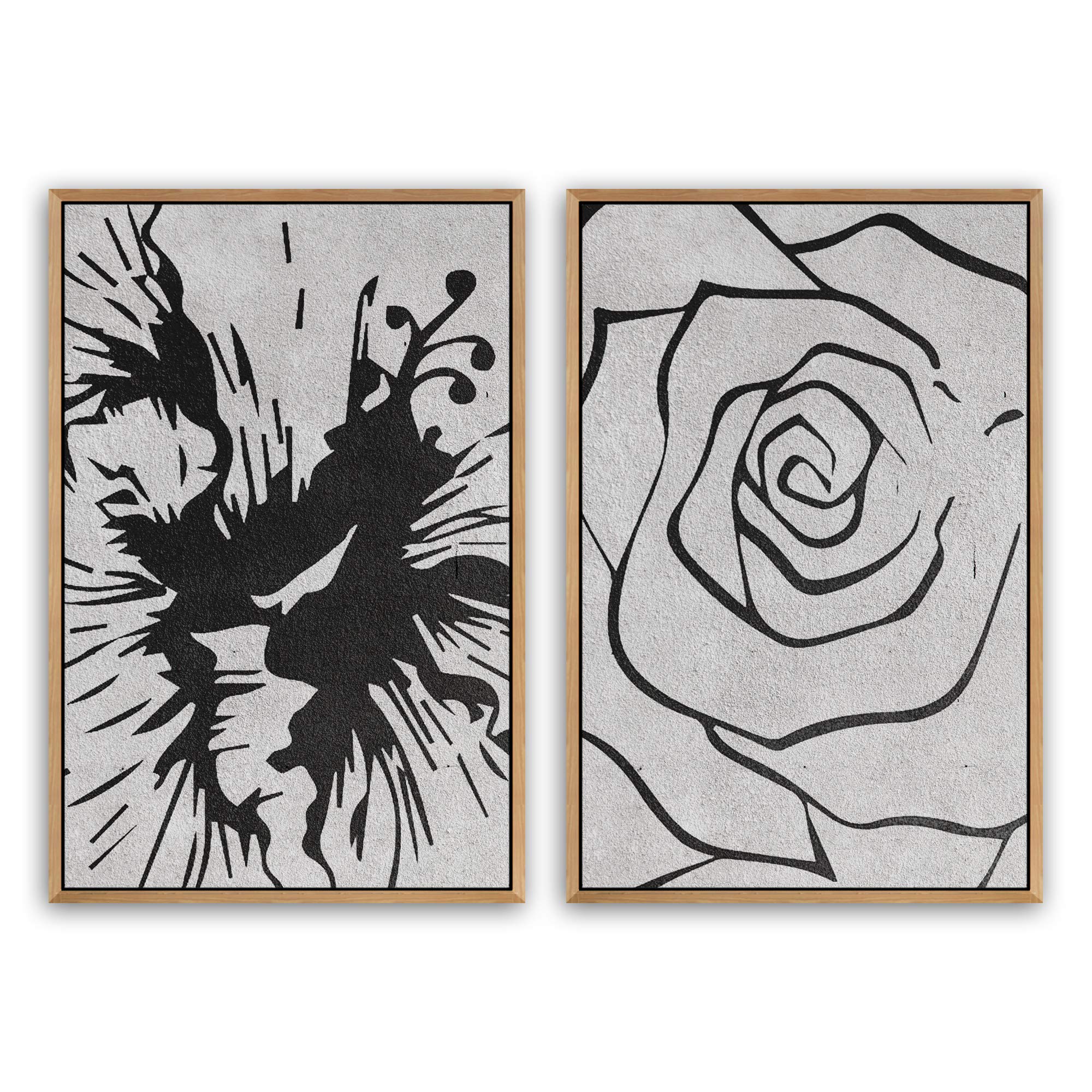 SIGNWIN 2-Panel Framed Canvas Wall Art - Black and White Floral Print Home Decor for Living Room, Bedroom, Office - 24