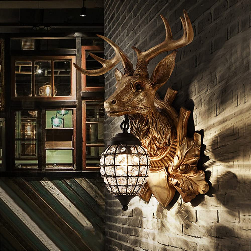 NIUYAO Rustic Resin Deer Wall Light with Metal Lantern & Crystal Teardrop Lampshade - Vintage Wall Mount Sconce for Living Room, Bedroom, Hallway - 12 Inch Indoor Decoration Lighting Fixture
