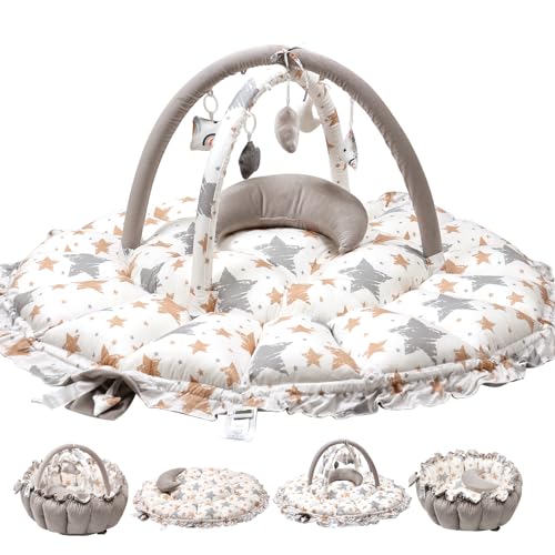 5-in-1 Thick Plush Play Gym with Tummy Time Pillow & Mat | Newborn to Toddler Developmental Activity Center | Essential Baby Gear for Crawling, Learning & Playtime Fun
