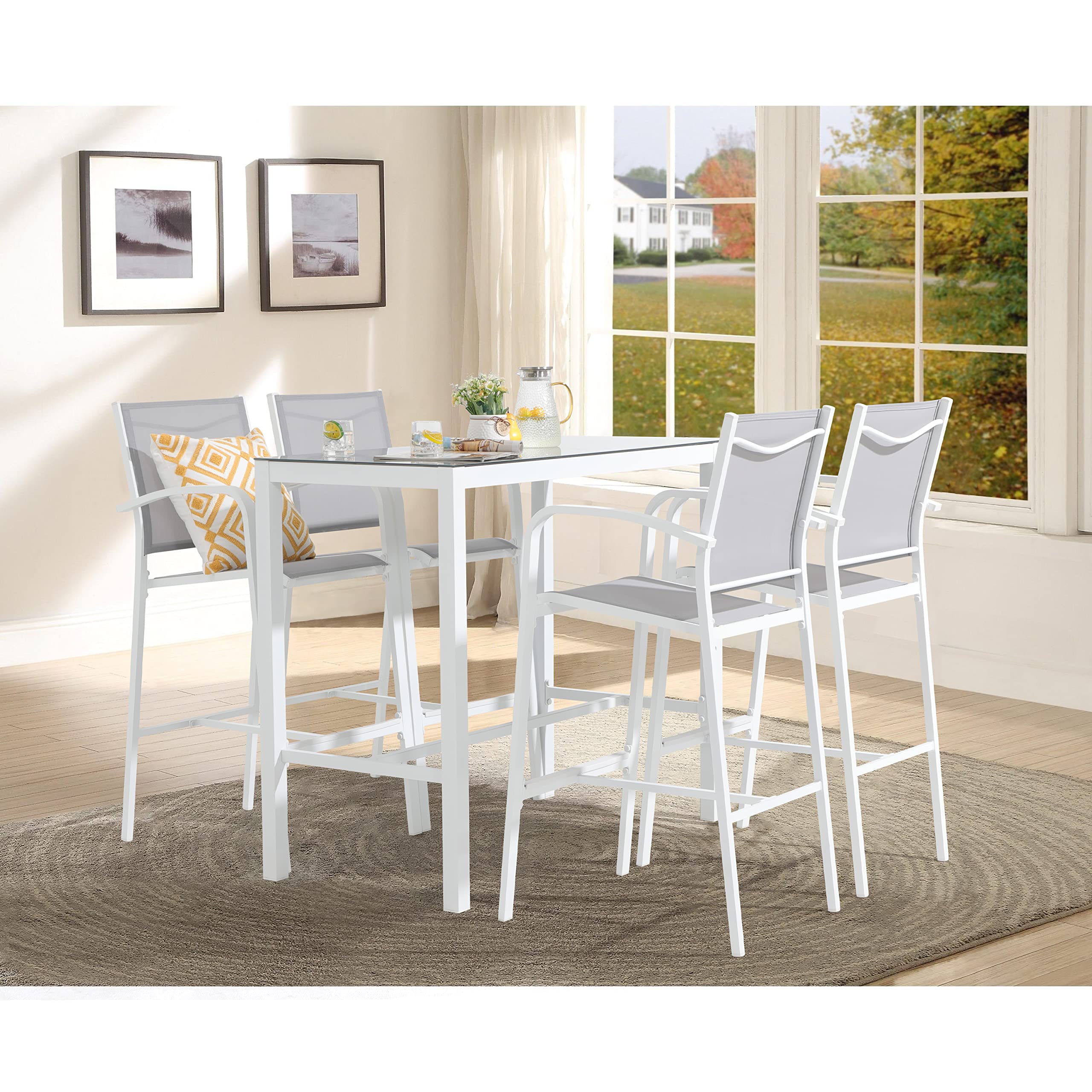All-Weather White Aluminum Rectangular Pub Height Dining Table with Tempered Glass Top - Outdoor Bar Table for Patio, Garden, Balcony, Porch & Indoor Use - Perfect for Entertaining, Dining & Relaxing