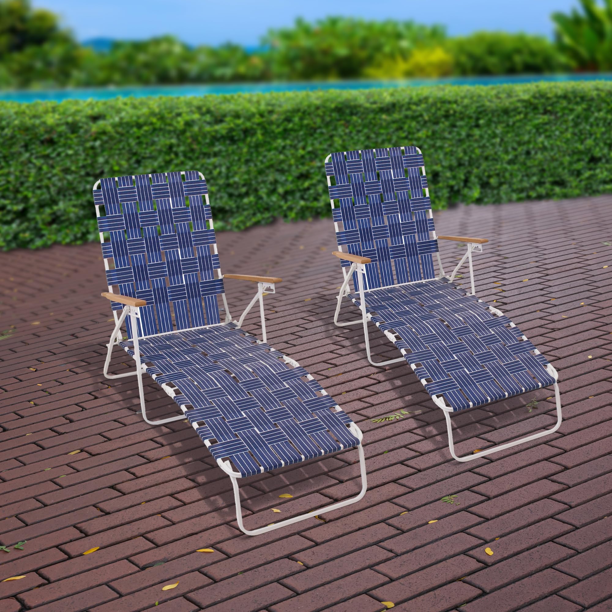 2 Pack Blue High Back Outdoor Folding Chaise Lounge Chairs with Woven Webbing & Steel Frame - Patio, Poolside & Backyard Relaxation Furniture Set with Armrests