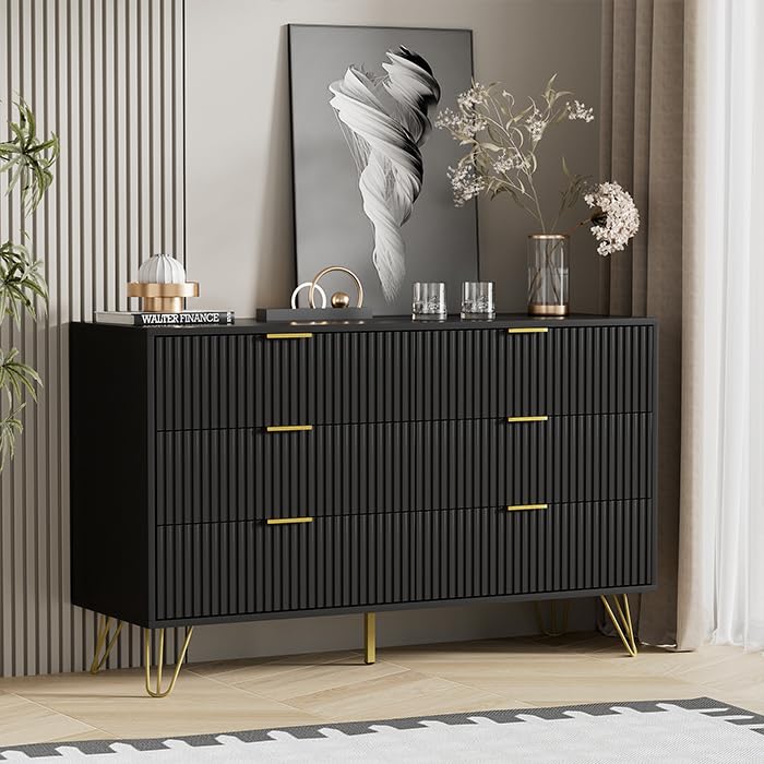 Modern Black Dresser for Bedroom - 6 Drawer Chest with Wide Storage & Gold Handles | Perfect for Organizing Clothes, Accessories & Bedroom Essentials