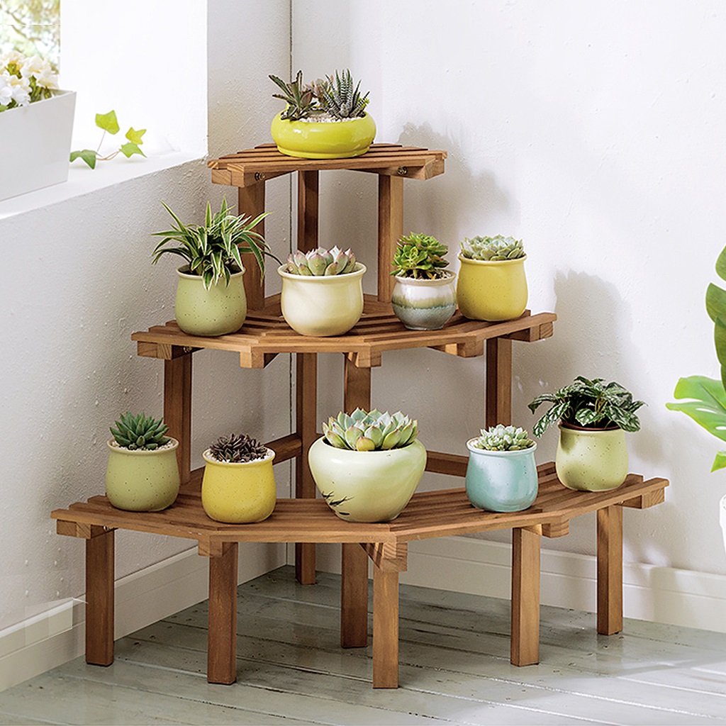 3-Tier Pine Wood Corner Step Plant Stand - Indoor/Outdoor Flower Pot Shelf for Garden, Balcony & Patio Decor - Natural Wooden Planter Holder for Potted Plants Display