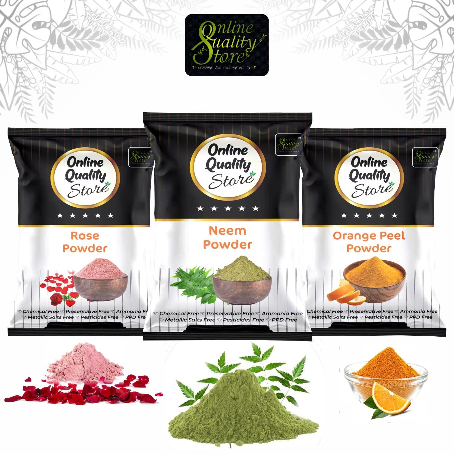 Premium Neem Leaves Powder, Rose Petals Powder & Orange Peel Powder Combo - 300g for Skin Radiance, Glow & Pigmentation Control | Anti-Spot, Dark Mark Removal | Organic Skincare for Face & Body Care