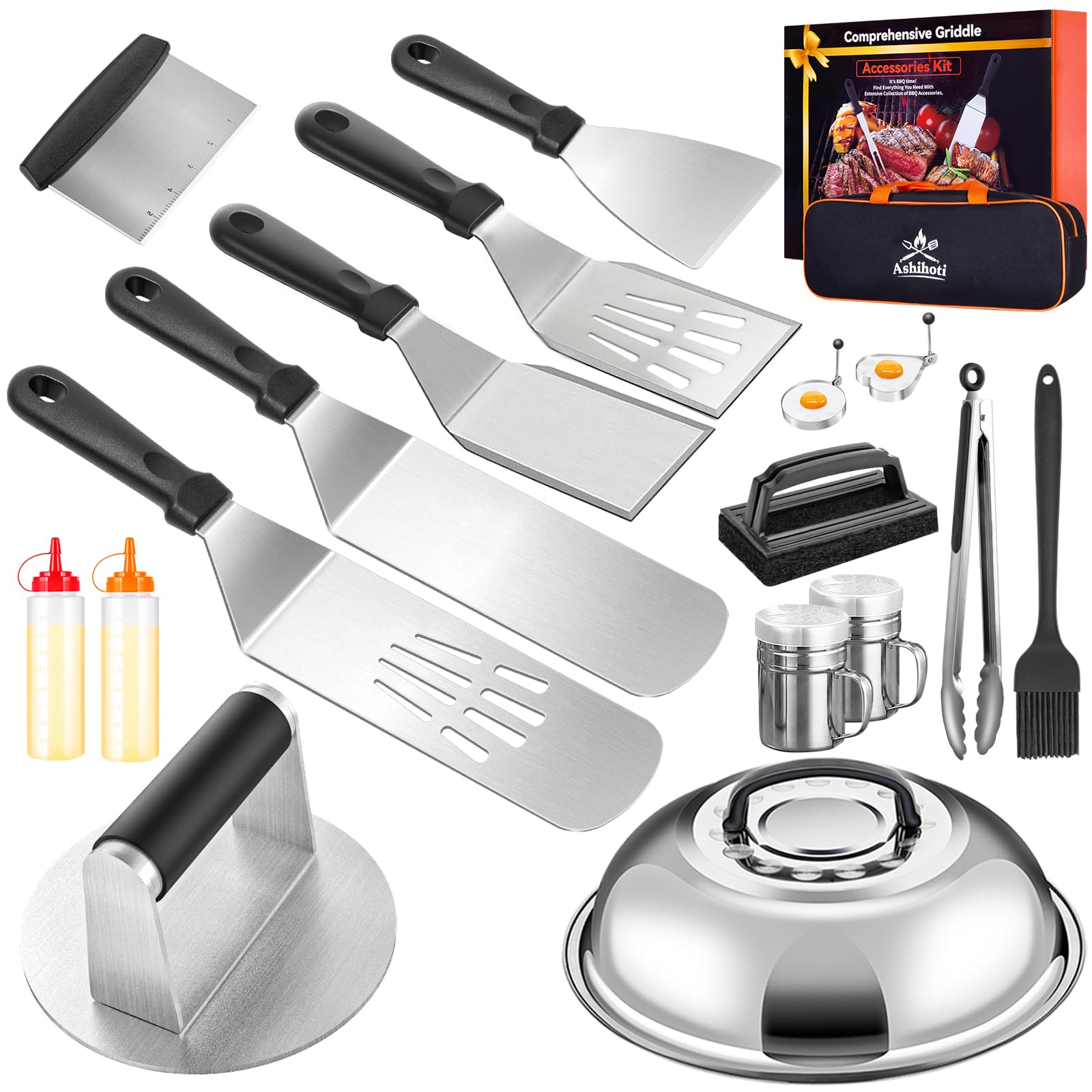 **19-Piece Blackstone Griddle Accessories Kit - Smashed Burger Press, Enlarged Grill Spatula, Salt & Pepper Shakers, Hibachi Tools - Perfect for Outdoor Cooking, BBQ & Camping**