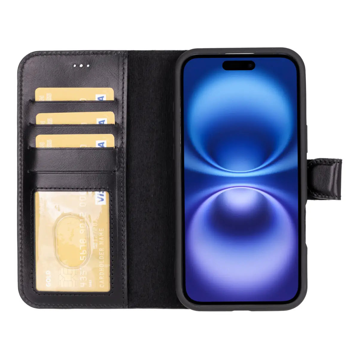 Premium Black Leather Wallet Case for iPhone 16 - Slim Protective Cover with RFID Blocking & Card Slots | Perfect for Everyday Use, Travel & Business Meetings
