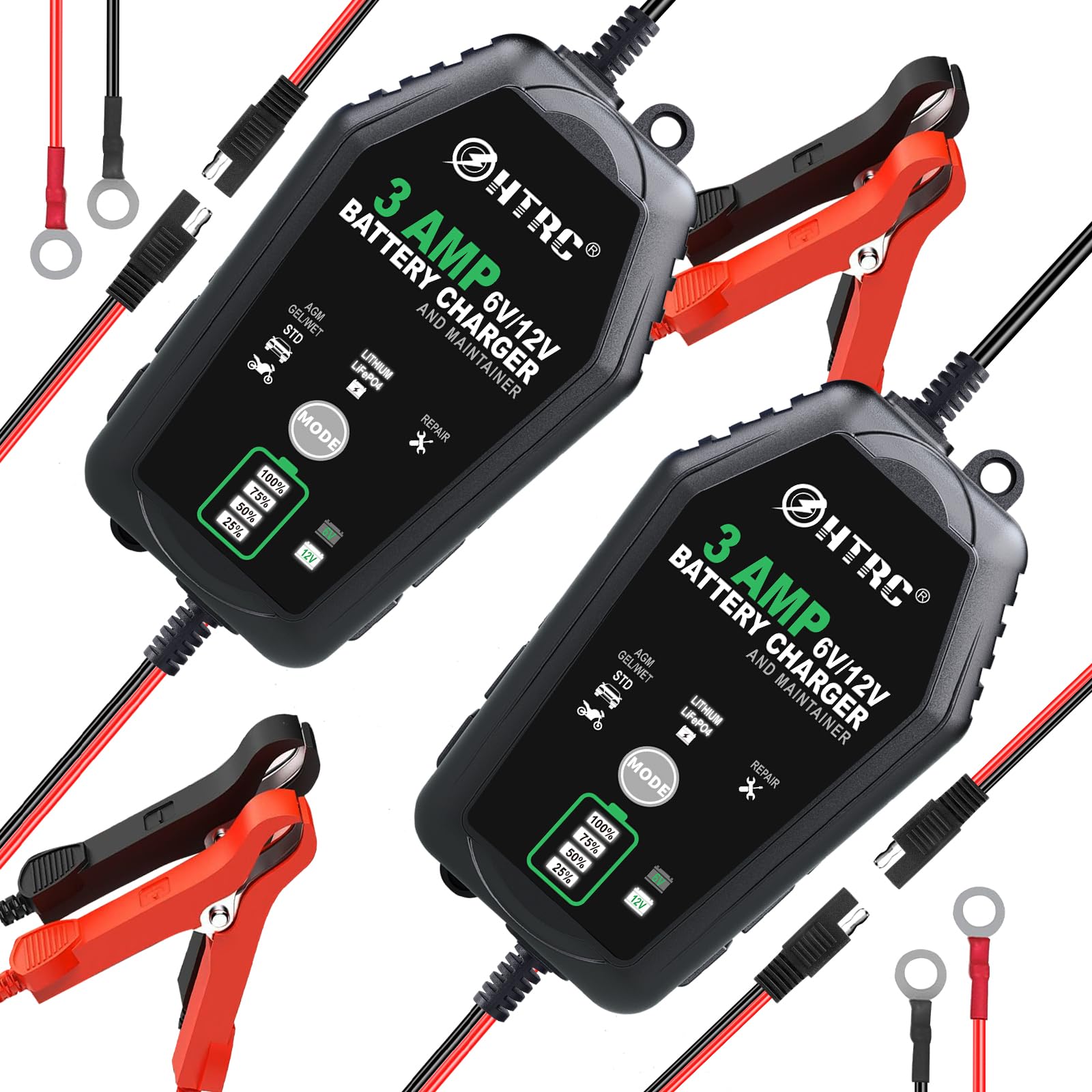 2 Pack 3-AMP 6V/12V Car Battery Charger & Maintainer - Fully Automatic Trickle Charger with Desulfator for Cars, Boats, Motorcycles - Compatible with Lead Acid, Lithium, LiFePO4 & Deep Cycle Batteries - Ideal for Long-Term Storage & Winter Battery Maintenance