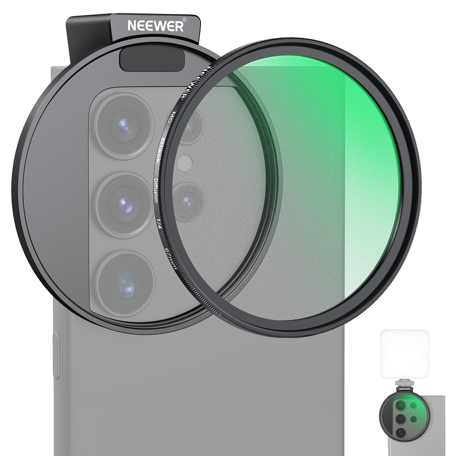 NEEWER 67mm 1/4 Black Diffusion Filter & Cold Shoe Phone Mount with Carrying Pouch & Lens Cloth - Compatible with iPhone 15 Pro Max/14 Pro Max/13 Pro Max & Galaxy S24 - Perfect for Vlogging, Filmmaking & Photography