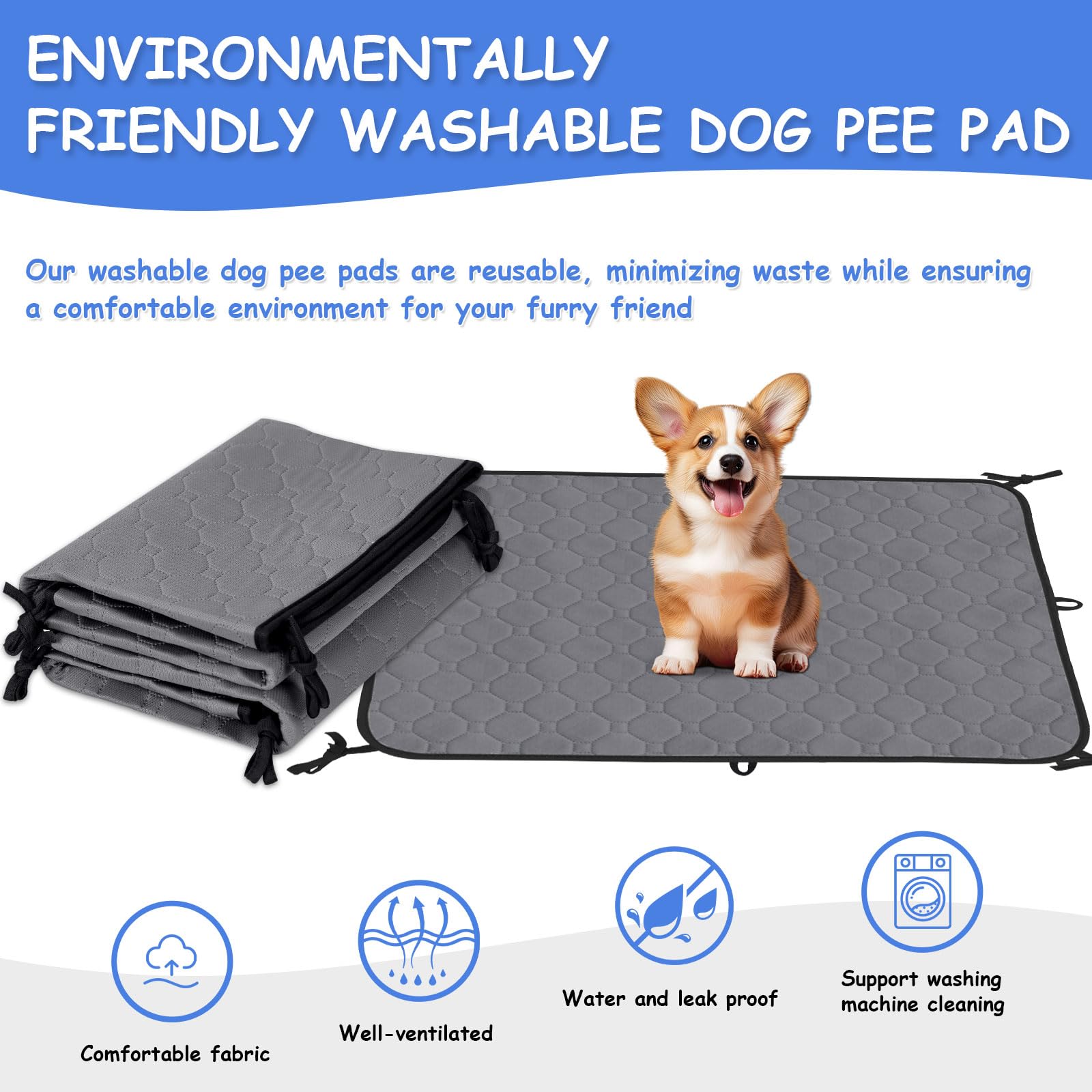 2 Pack Reusable & Washable Dog Pee Pads - Waterproof Puppy Potty Training Pads with Straps, Laminated Whelping Pad for Dogs (Grey, Size M 27.5