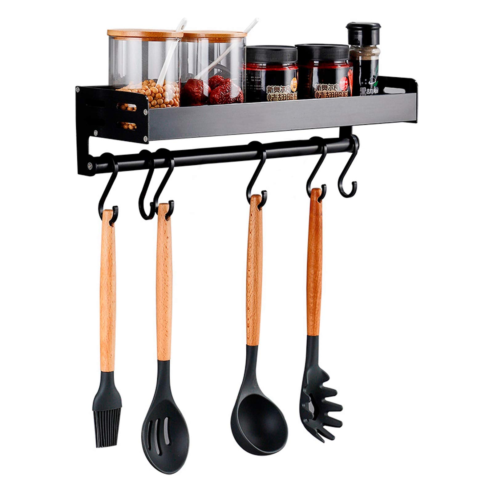 No Drill Adhesive Wall Mounted Spice Rack - 6 Removable Hooks, 16