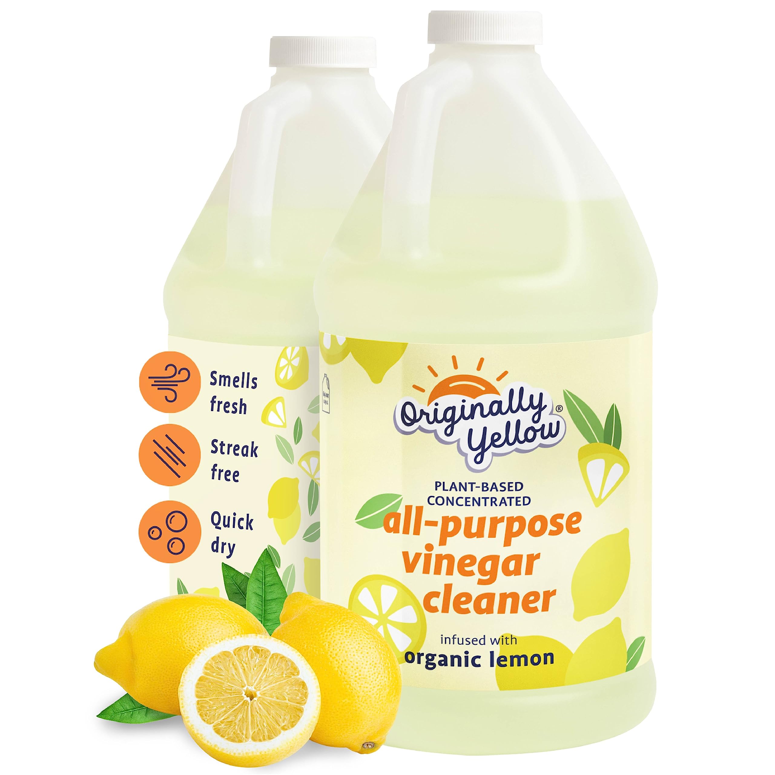 Organic Lemon Infused All-Purpose Cleaning Vinegar - 64 Fl Oz (2-Pack) | Plant-Based, Non-Toxic Floor & Surface Cleaner with Distilled Vinegar | Ideal for Kitchen, Bathroom, Hardwood & Tile Cleaning | Eco-Friendly Home Cleaning Supplies
