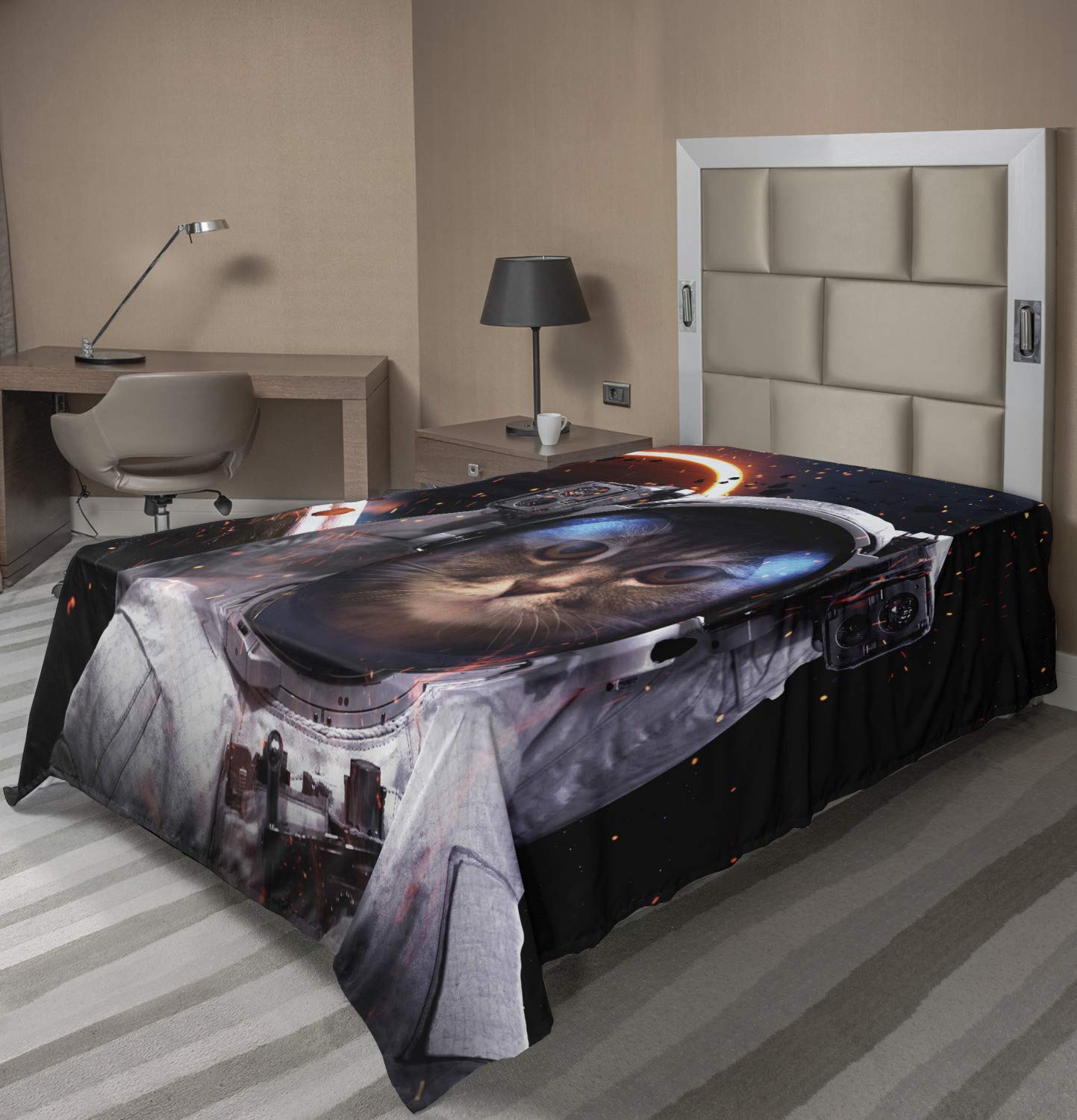 Ambesonne Space Cat Flat Sheet - TwinXL Size, Dark Blue & White | Soft, Comfortable Cosmonaut & Comet Galaxy Clusters Print | Outer Space Themed Decorative Bedding for Kids & Teens Rooms - Perfect for Dorm, Bedroom Decor & Gift Ideas