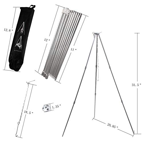 Portable Collapsible Camping Tripod Stand - Adjustable Campfire Cooking Grill for Outdoor BBQ, Picnic & Backpacking | Perfect for Dutch Oven, Skillet & Grill Cooking Over Open Fire