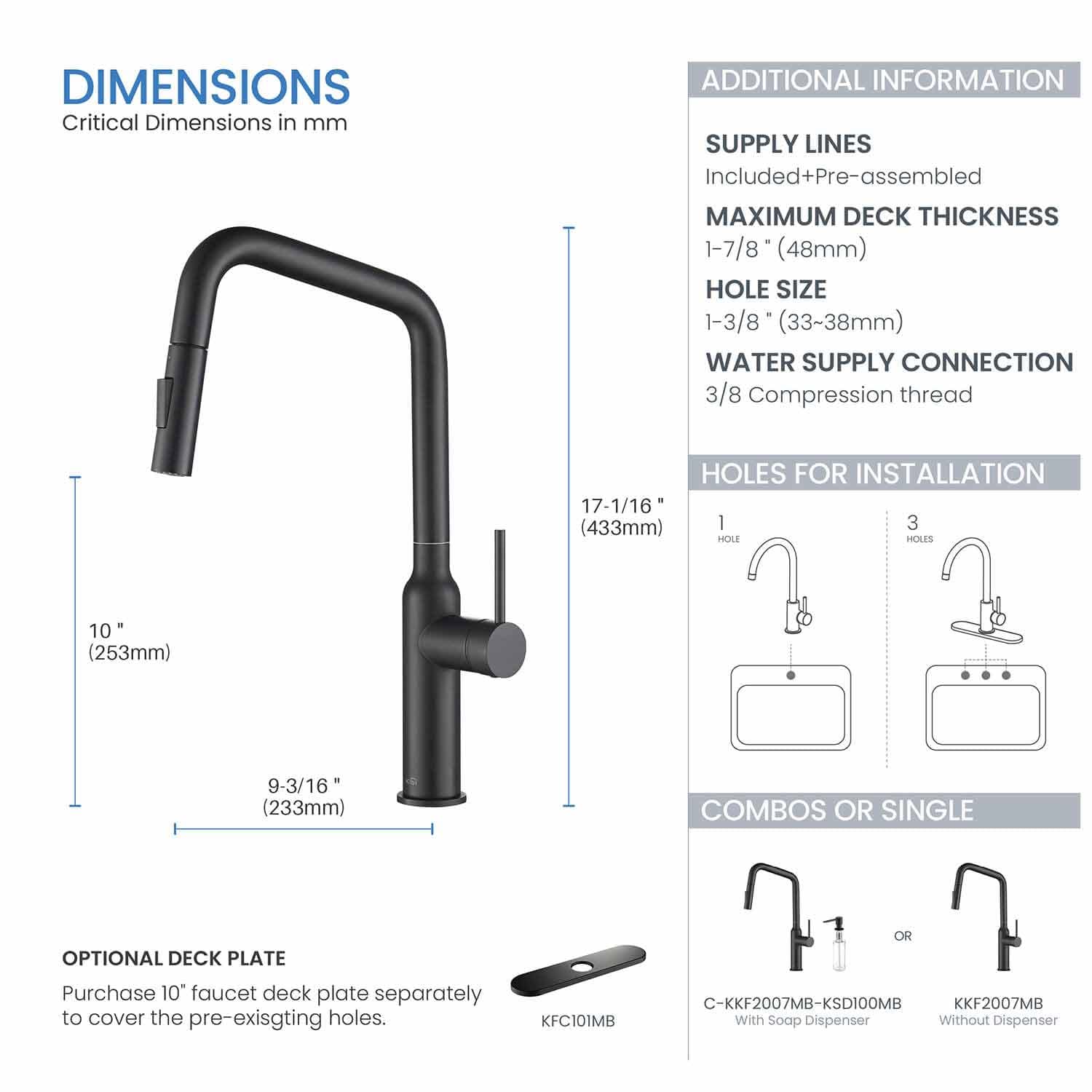 KIBI Matte Black Kitchen Faucet with Pull Down Sprayer & Soap Dispenser for Modern Homes