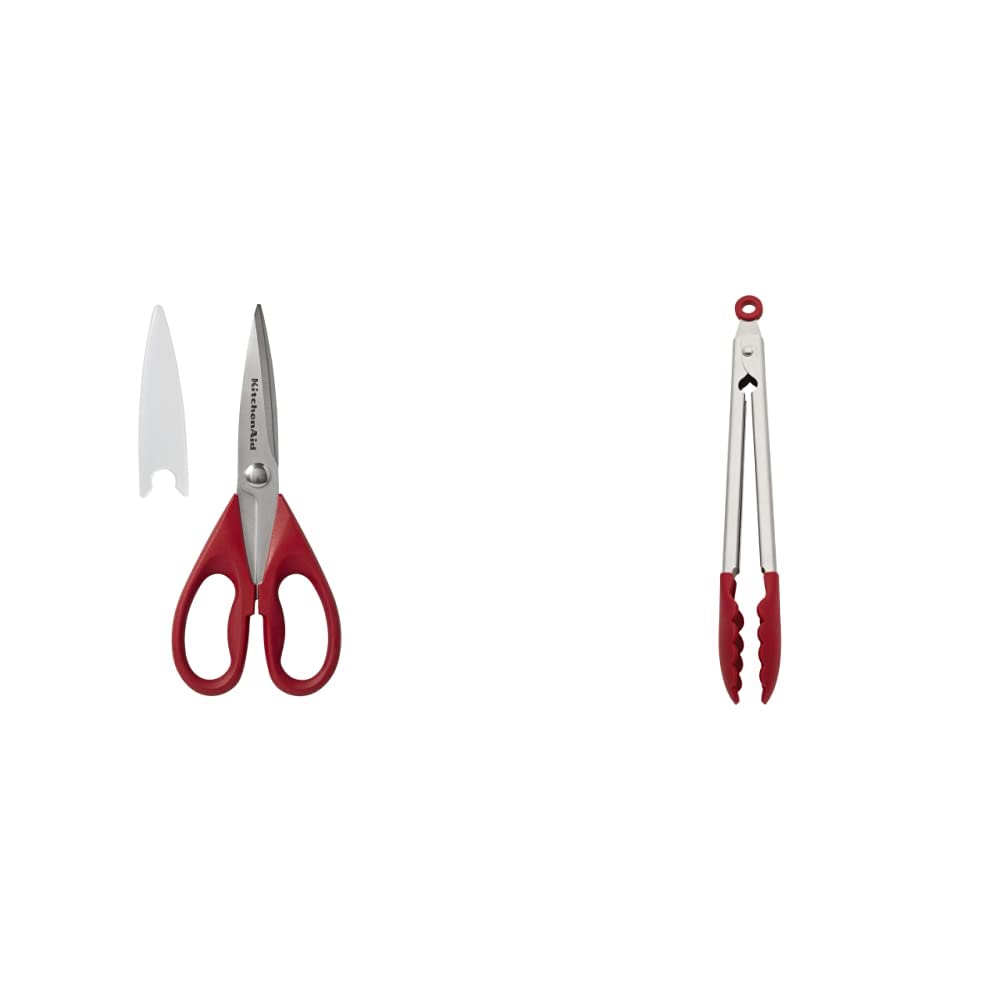 KitchenAid 8.72-Inch Multi-Purpose Kitchen Shears with Protective Sheath & 10.26-Inch Silicone Grip Stainless Steel Tongs Set - Perfect for Cooking, Grilling, and Food Prep (Red)