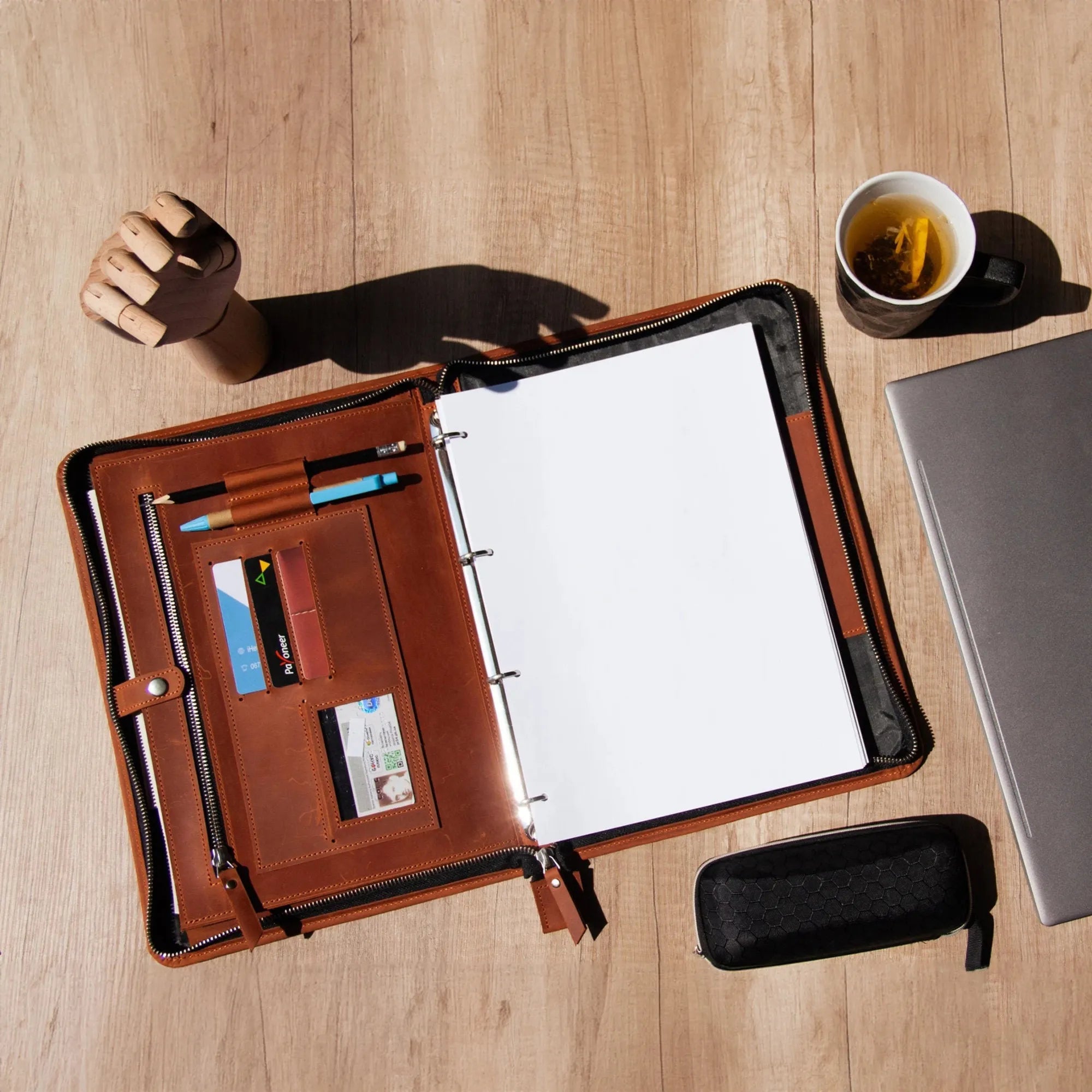 Minimalist Zippered Padfolio - Professional Leather Portfolio with Notepad Holder for Business Meetings & Office Organization