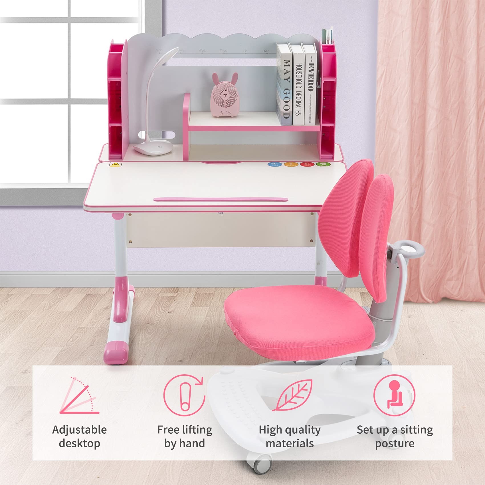 UNICOO Kids Desk and Chair Set - Adjustable Height Study Desk with Bookshelf, Ergonomic Chair for Children, Pink (DJZ-05-PK) - Perfect for Homeschooling, Online Learning & Bedroom Study Space