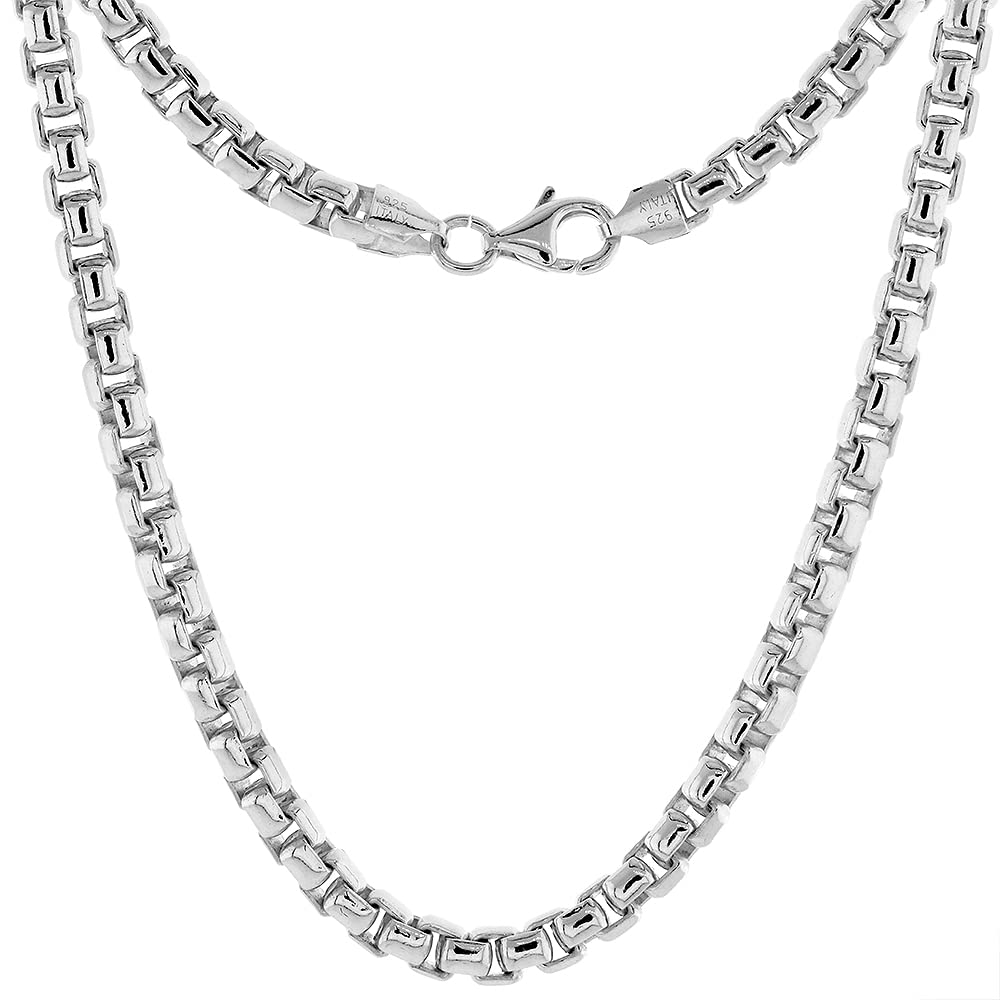 Sterling Silver 5mm Round Box Chain Necklace & Bracelet Set for Men - Heavy Duty Nickel Free Italian Crafted (7-30 Inch) - Perfect for Gifts, Weddings & Everyday Wear