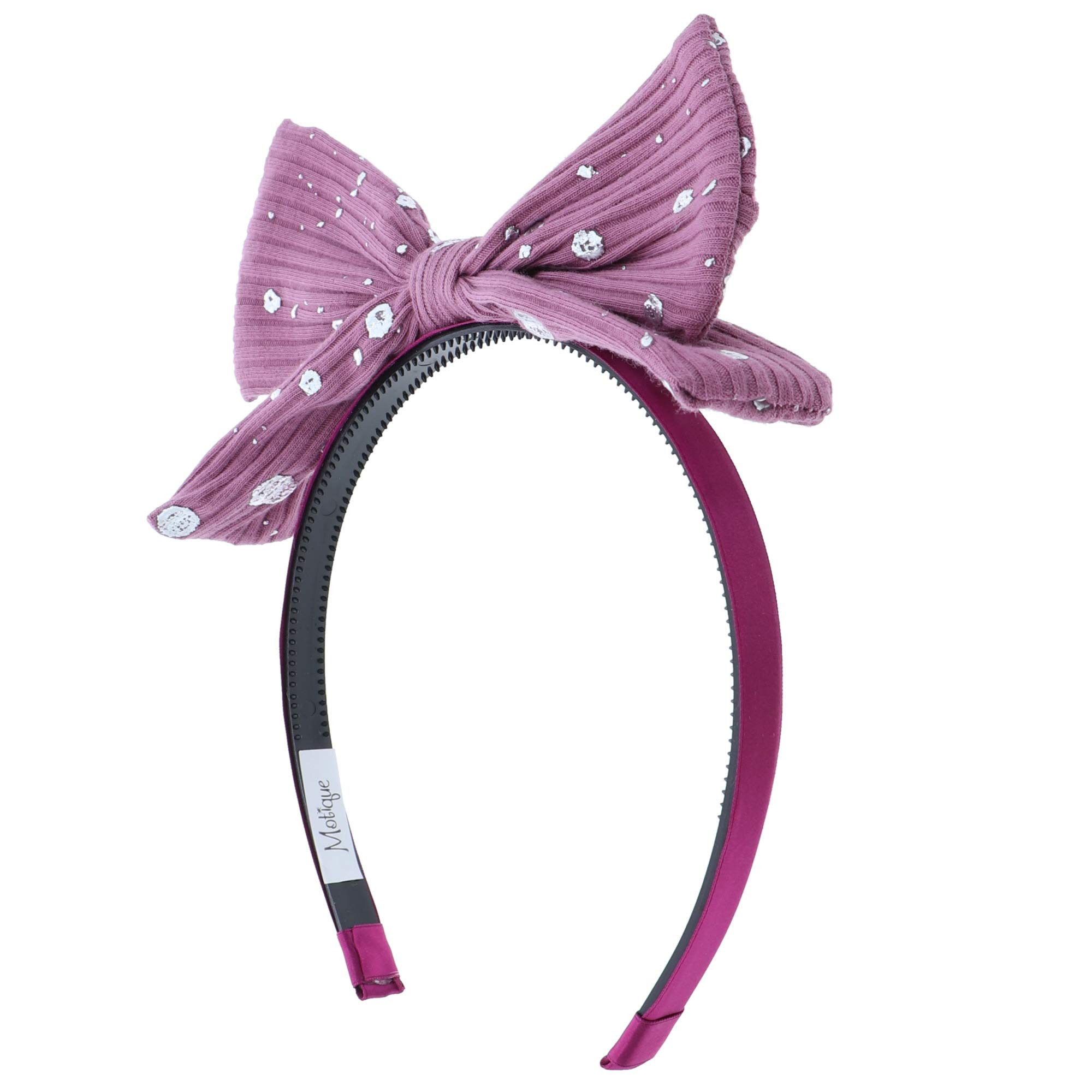 Motique Small Ribbed Pop Up Bow Headband with Silver Splatter for Girls - Rose | Stylish Hair Accessories for School, Parties & Everyday Wear