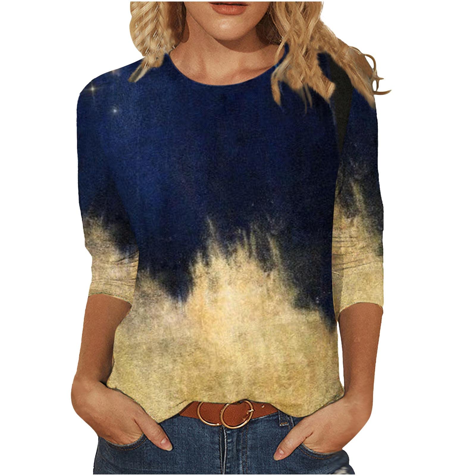 Plus Size Women's 3/4 Sleeve Gradient Print T-Shirt - Casual Loose Lightweight Tunic Blouse for Everyday Wear & Summer Outfits