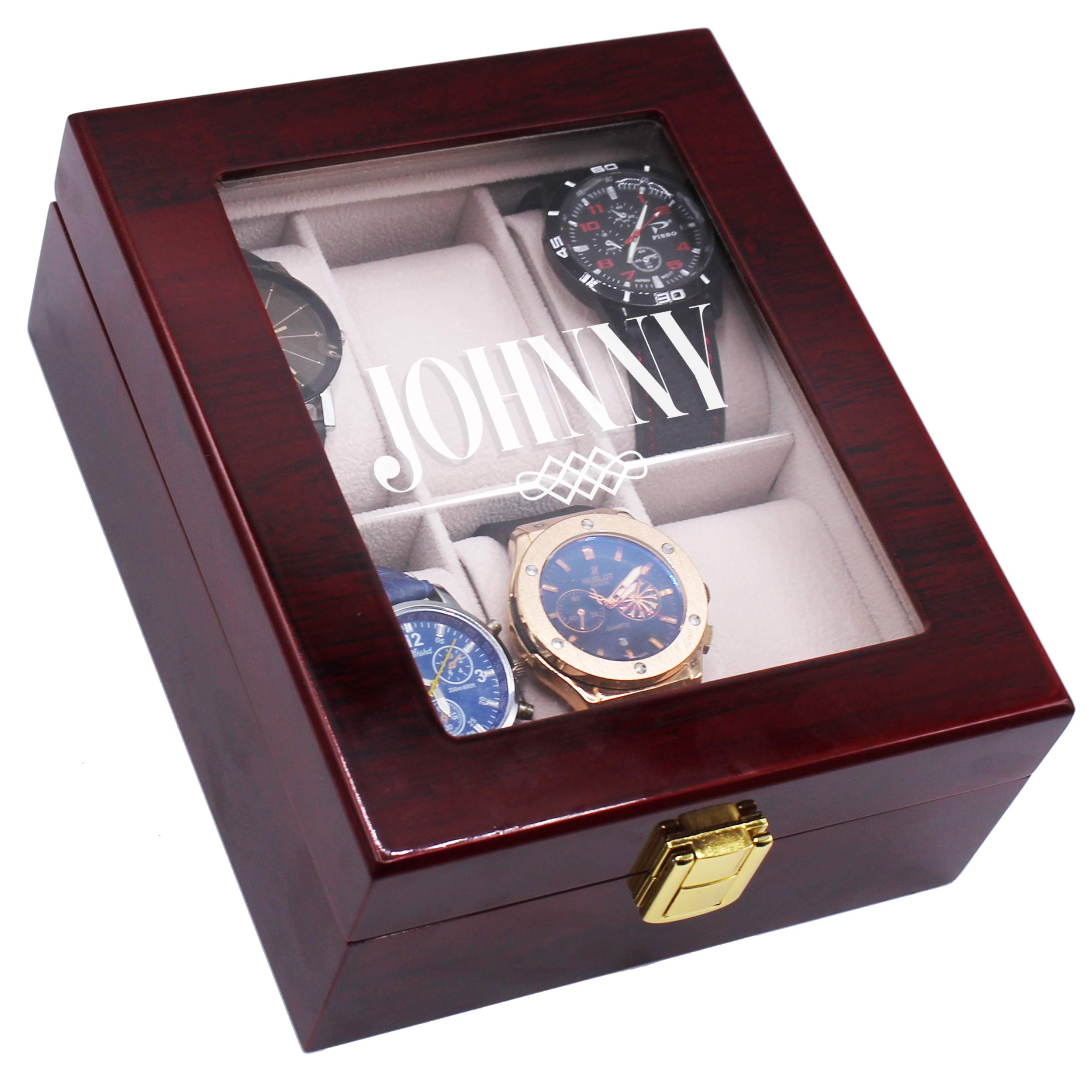 Personalized 6 Slot Wooden Watch Box with Glass Top - Custom Engraved Watch Display Case for Men & Women (Rosewood) | Luxury Watch Storage Organizer for Dresser, Travel & Gift Giving