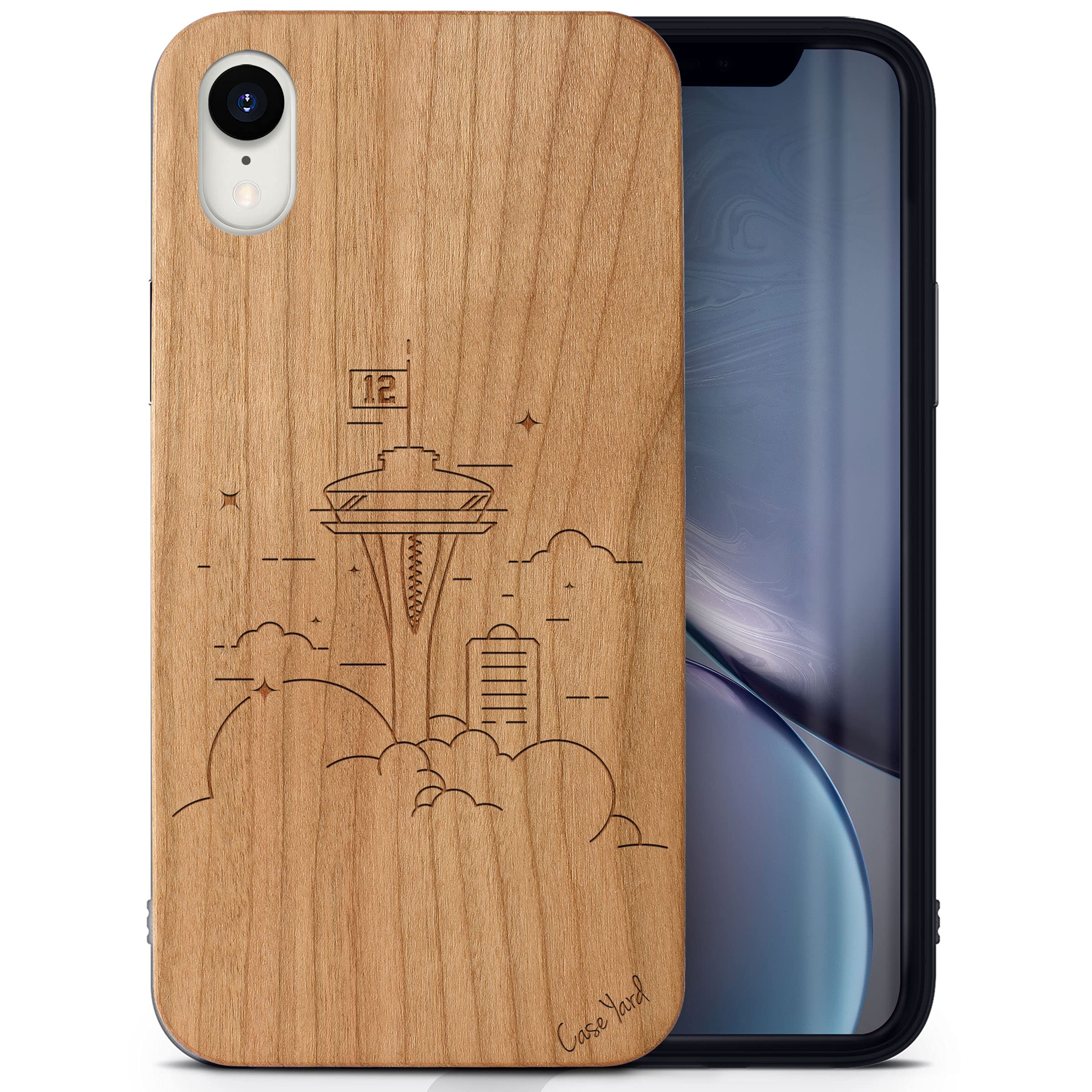 CaseYard Laser Engraved Seattle Design Cherry Wood Phone Case for iPhone XR - Shockproof Slim Fit Protective Cover for Men & Women - Perfect for Outdoor Adventures & Daily Use
