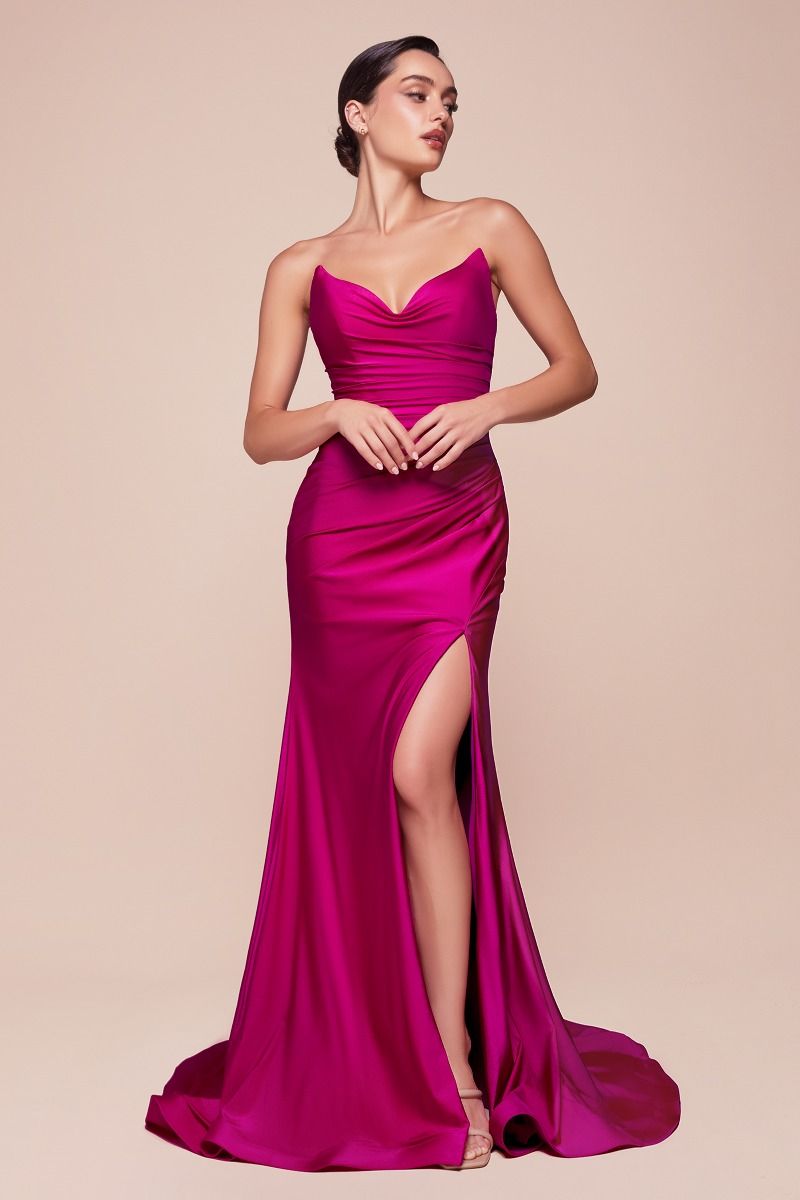 Strapless Stretch Spandex Satin Fitted Gown - Pointed V Neckline Ava Gown in Magenta | Perfect for Evening Parties, Prom, Cocktail Dresses & Special Occasions