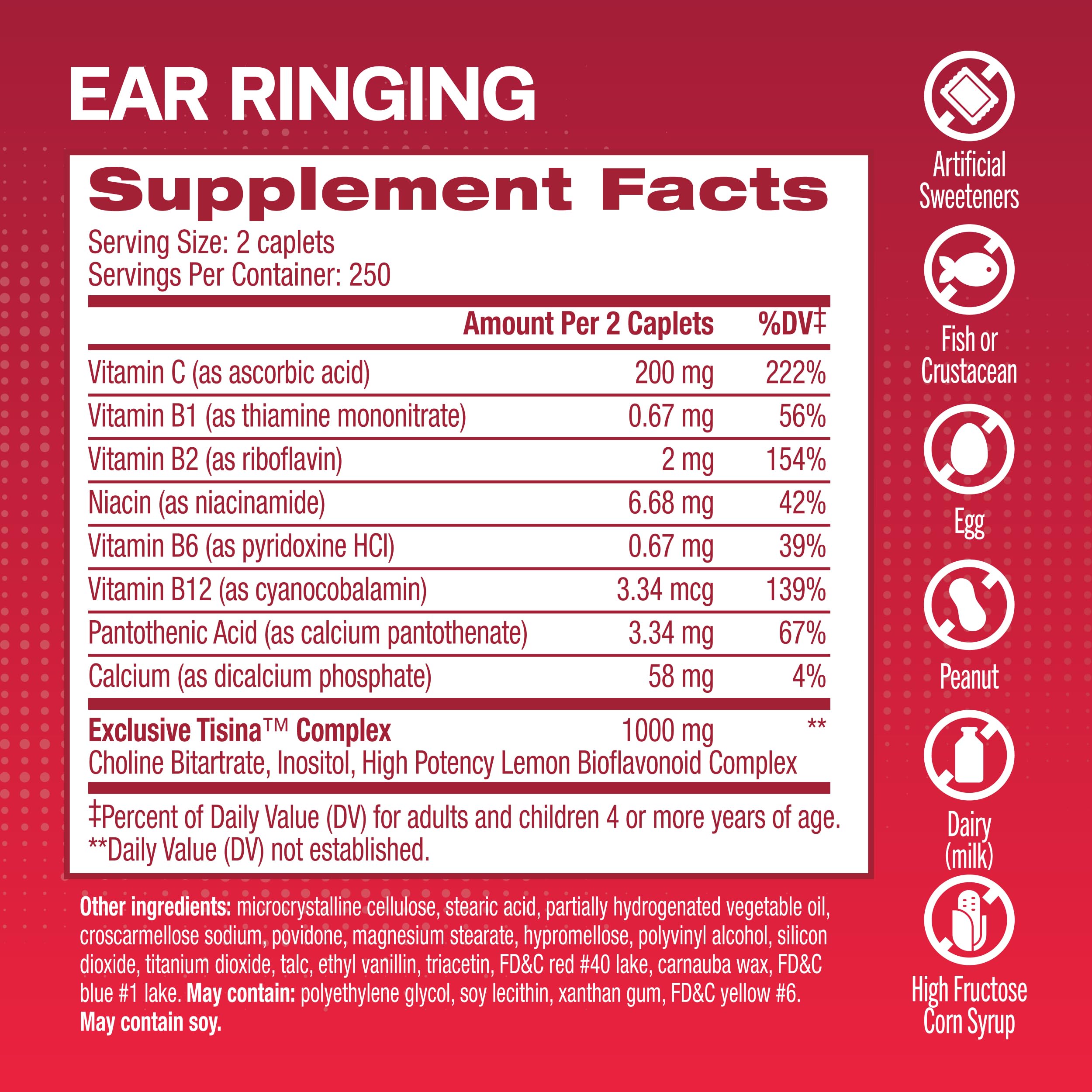 Lipo-Flavonoid Plus Tinnitus Relief Supplement - 500 Caplets with Vitamin C for Ringing Ears | Clinically Proven & Doctor Recommended OTC Ear Health Vitamins | Supports Hearing Wellness for Musicians, Seniors & Noise Exposure