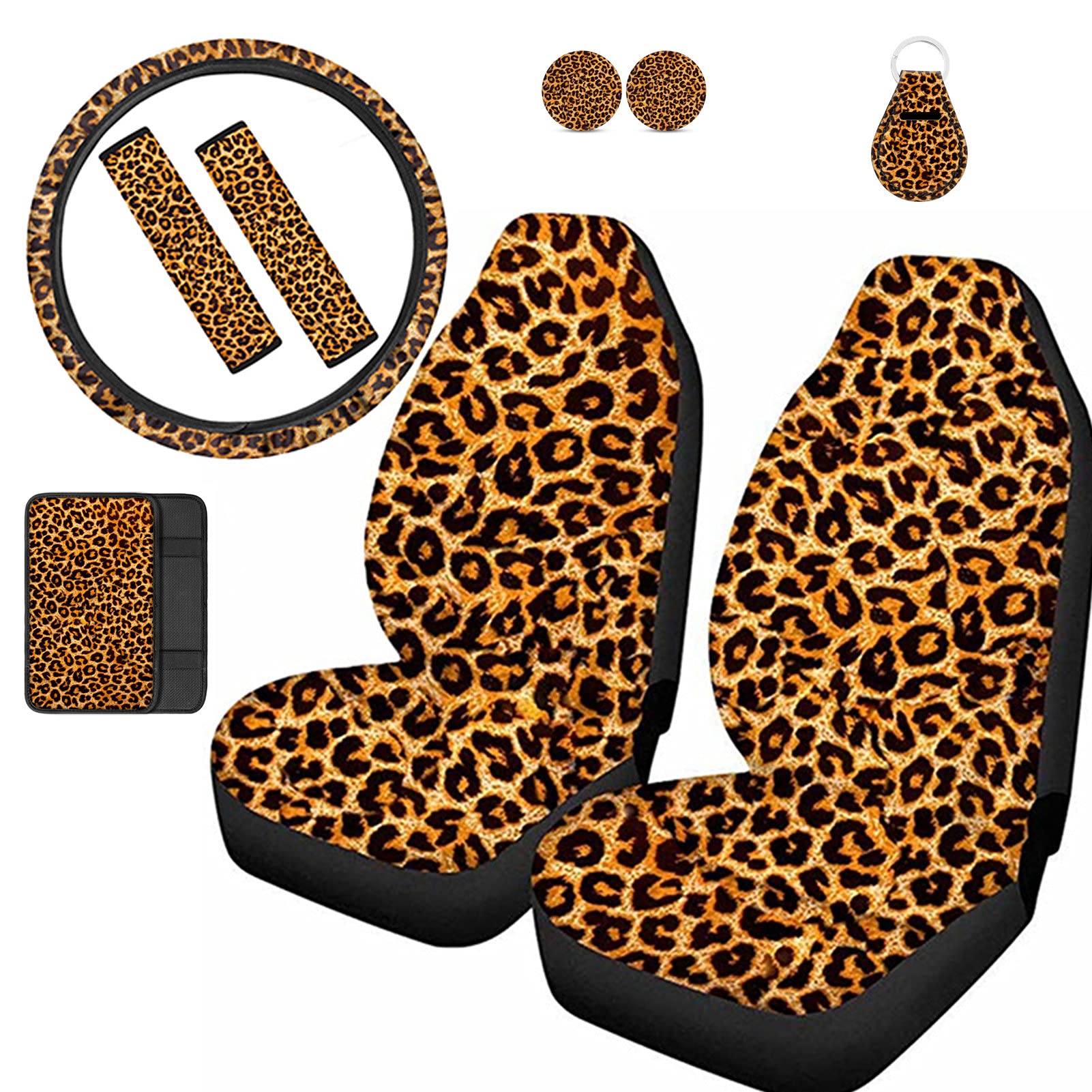 Premium Leopard Print Car Seat Covers Full Set 9-Piece with Seatbelt Pads, Steering Wheel Cover & Accessories | Universal Fit for Cars & SUV | Durable Auto Interior Protection & Style Upgrade