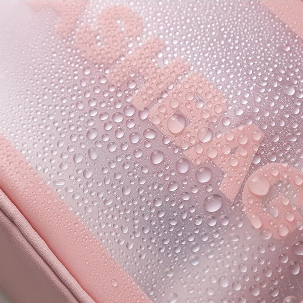 MMQ Clear Waterproof PVC Travel Makeup Bag - Hanging Toiletry Organizer for Women & Girls, Translucent Wide-Open Cosmetic Wash Bag (Pink) - Perfect for Travel, Gym, Beach & Daily Use